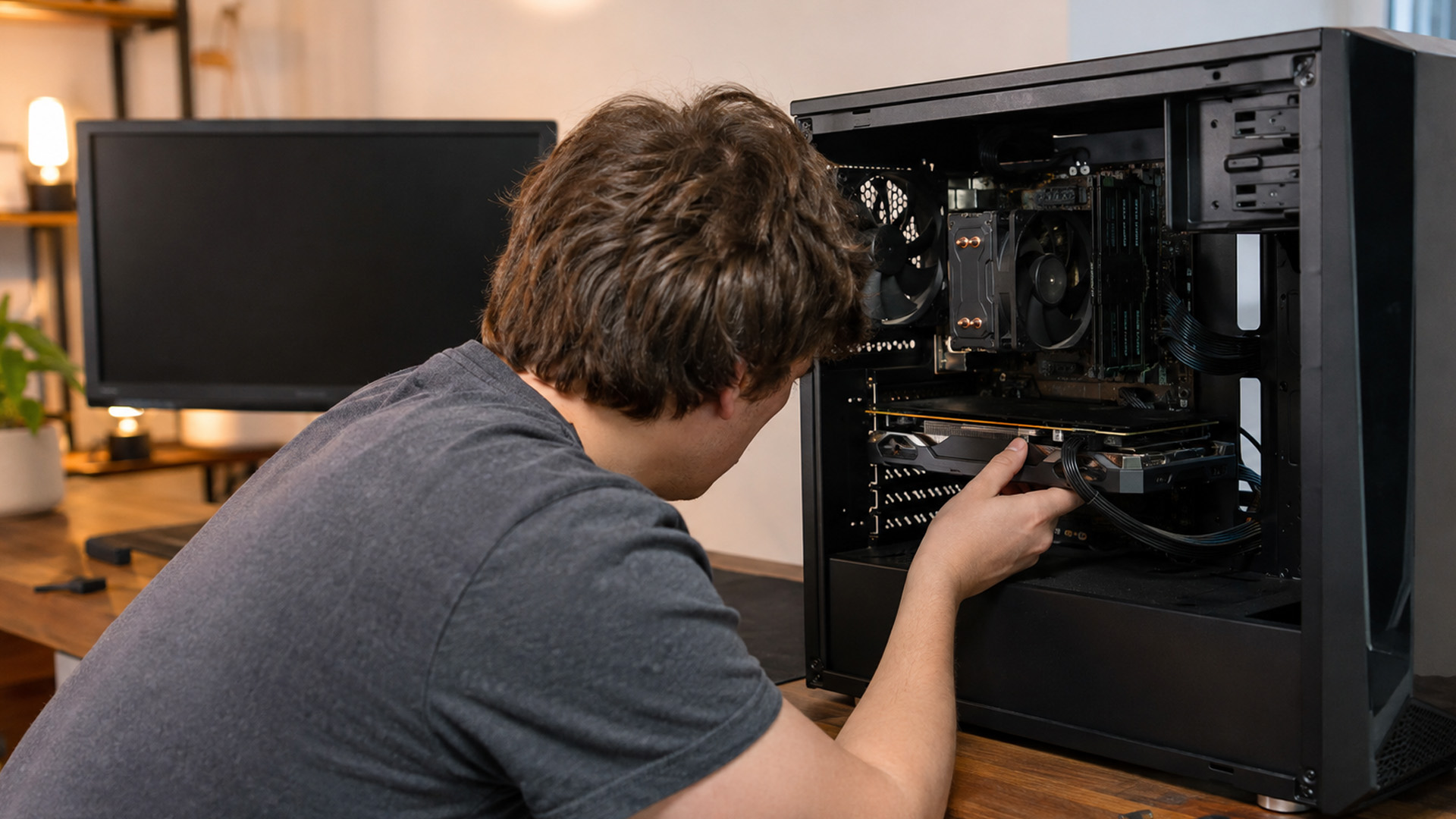A man inspecting and installing a graphics card inside a gaming PC tower.