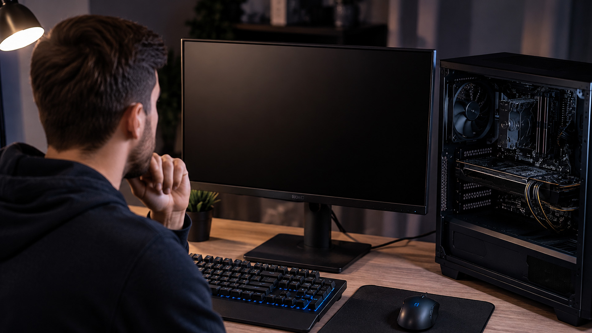 A man sitting at a desk looking at a blank monitor screen next to an open PC tower.