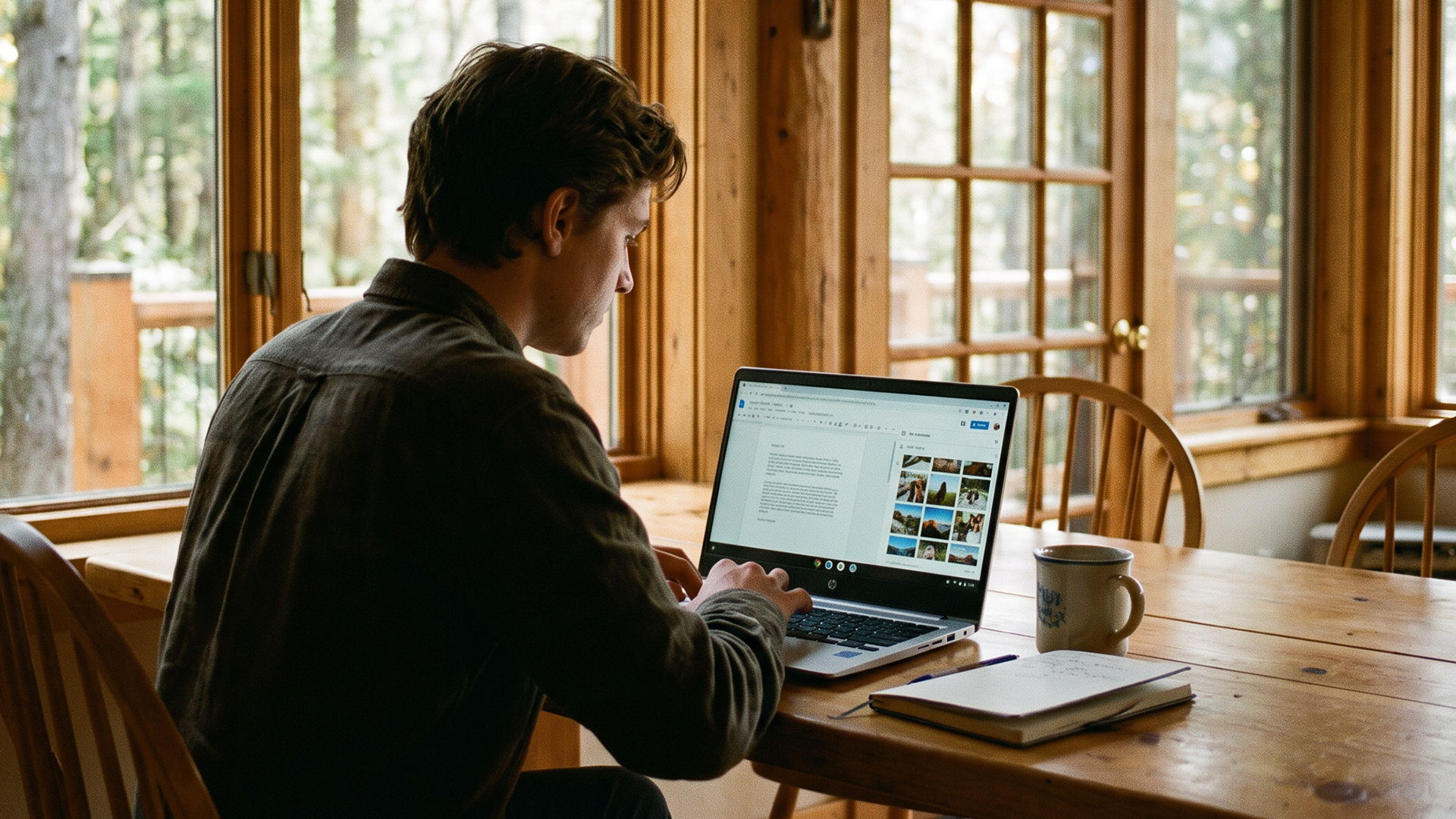 Man working on an HP Chromebook offline at a wooden table near a window.