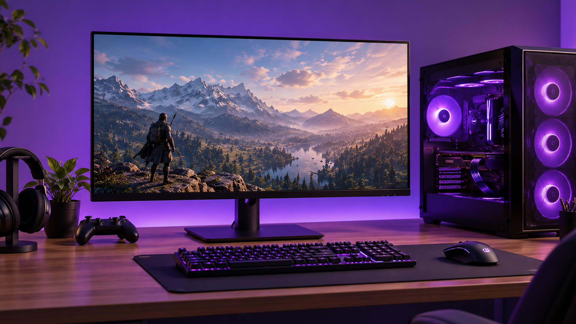 A matte anti-glare gaming monitor displaying a fantasy landscape.