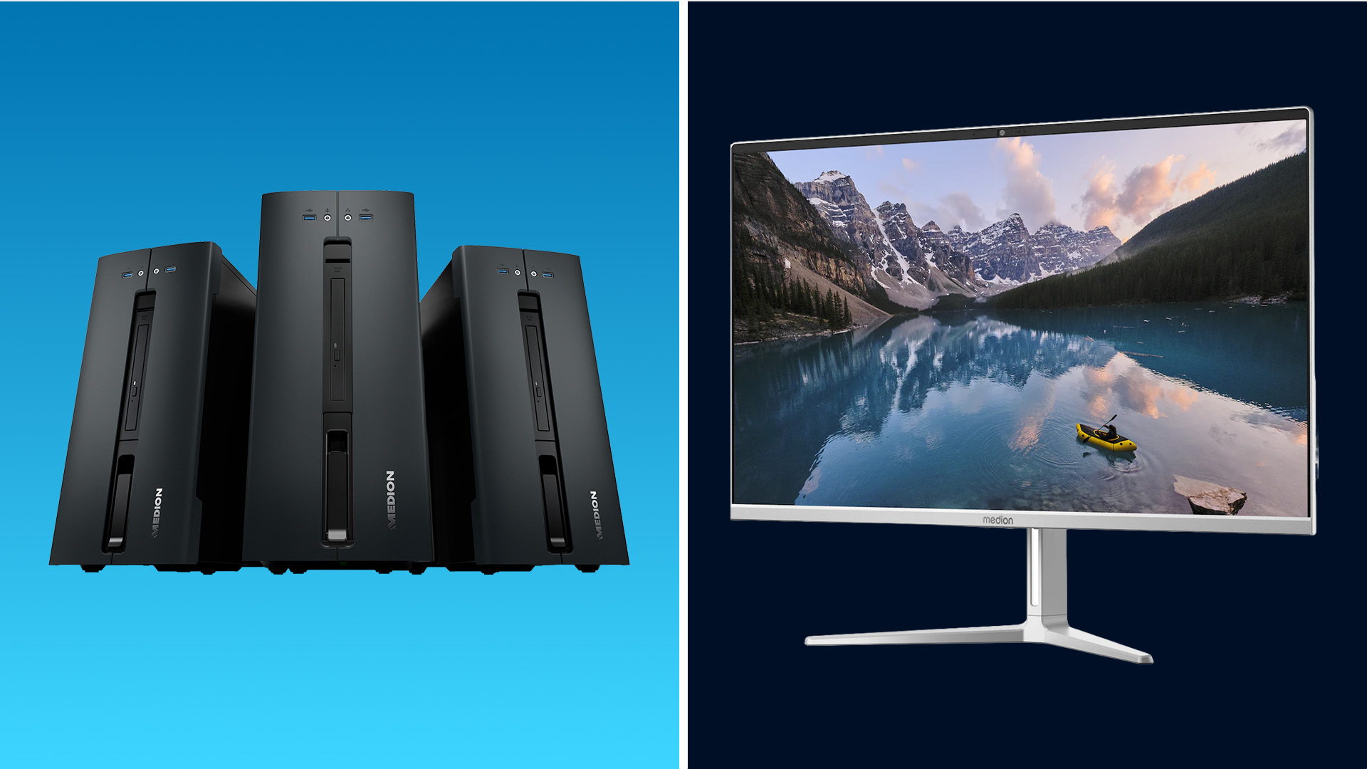 A side-by-side comparison showing three Medion desktop towers next to a Medion all-in-one PC.