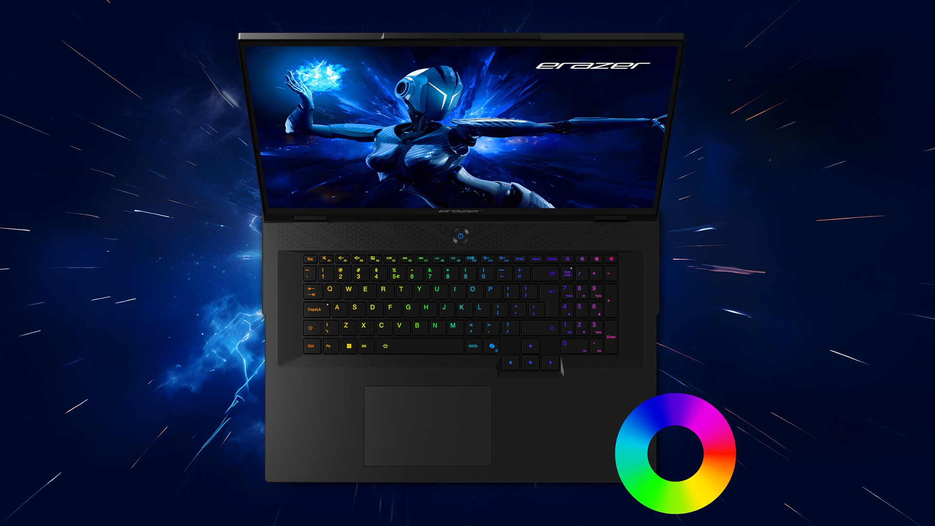 Top-down view of the MEDION ERAZER Beast 18 X1 open with RGB keyboard and screen.