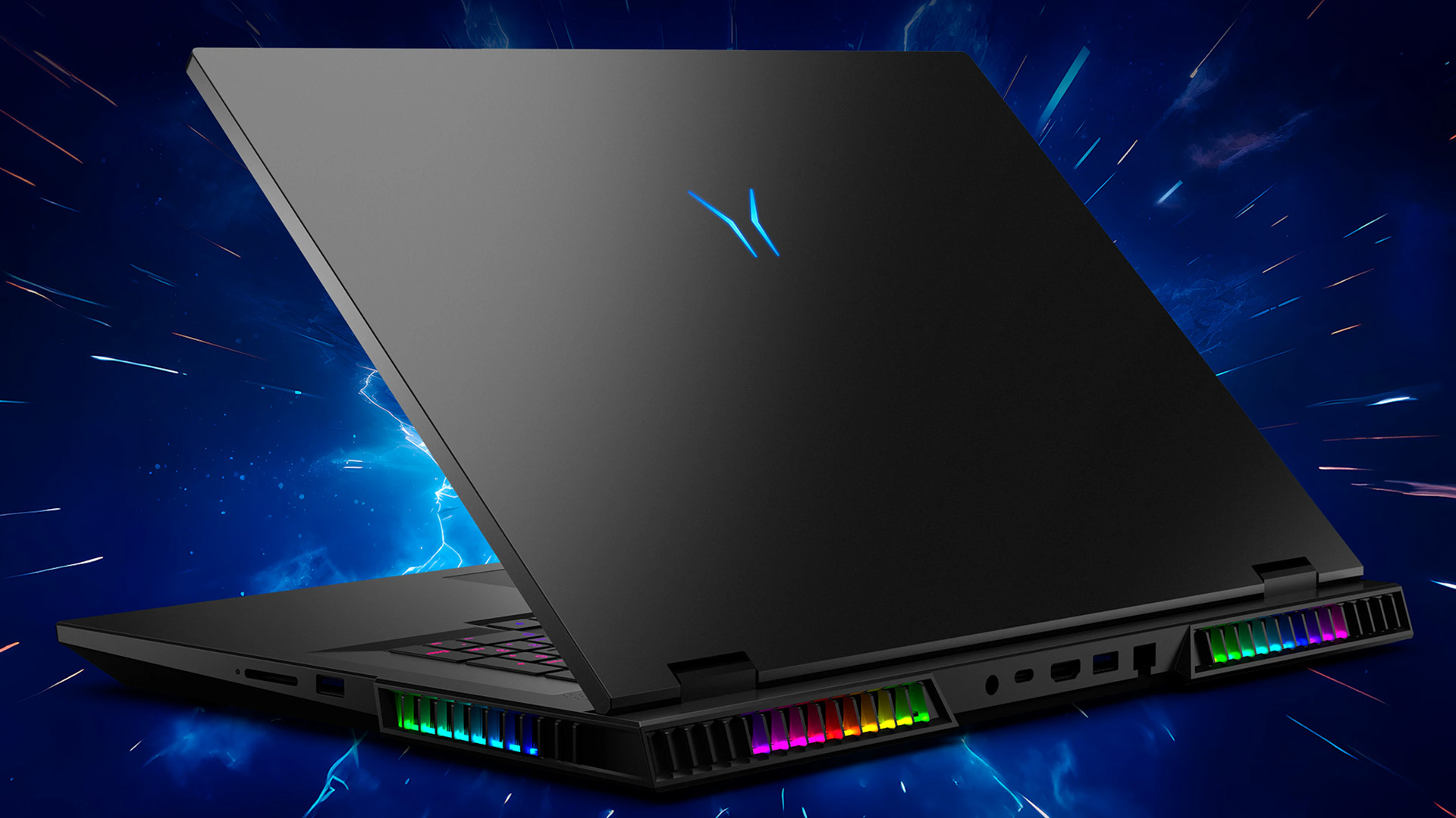 Rear view of MEDION ERAZER Beast 18 X1 laptop showing RGB cooling vents and ports.