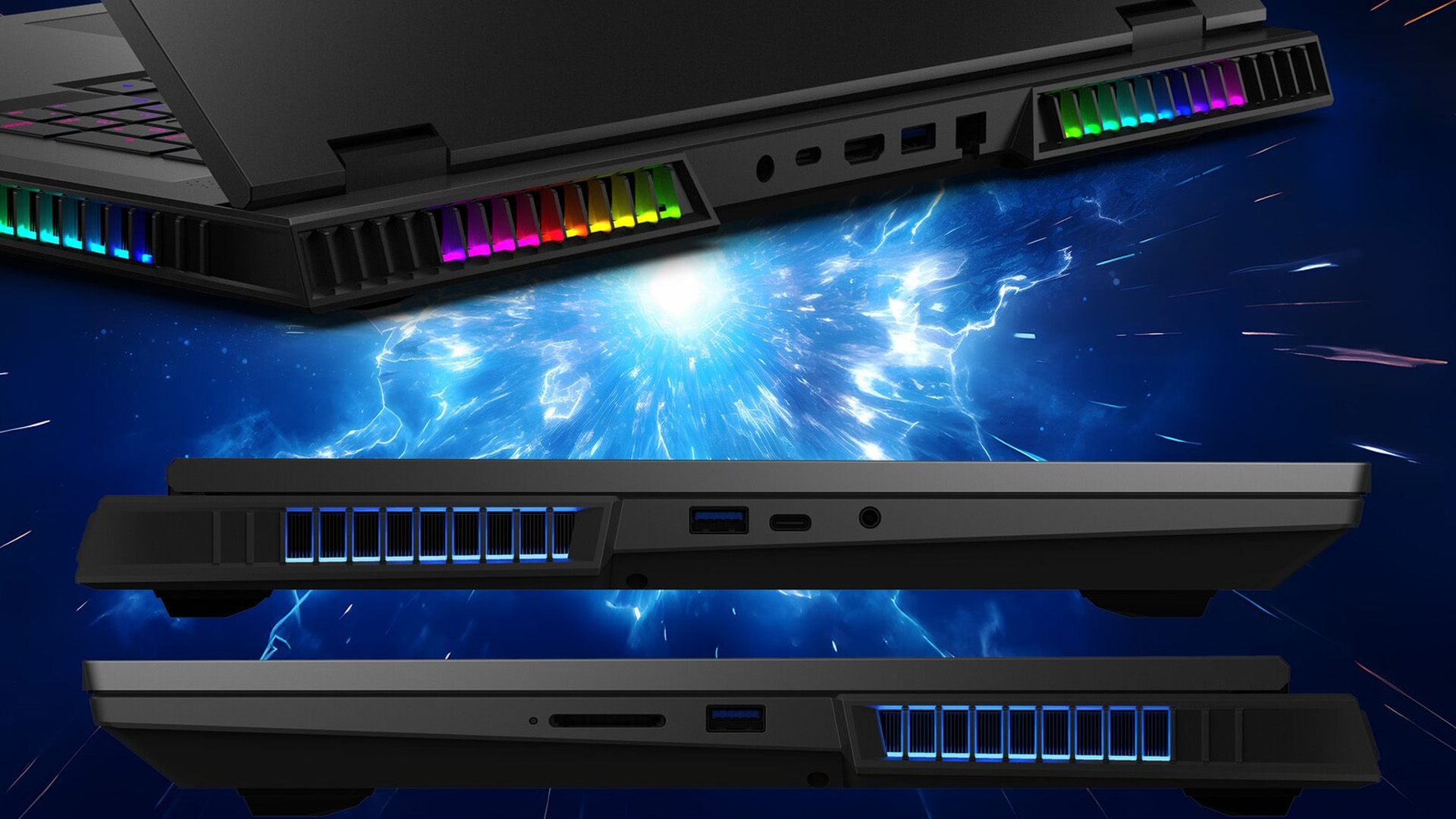 Side and rear profile views of the MEDION ERAZER Beast 18 X1 showing side ports and vents.