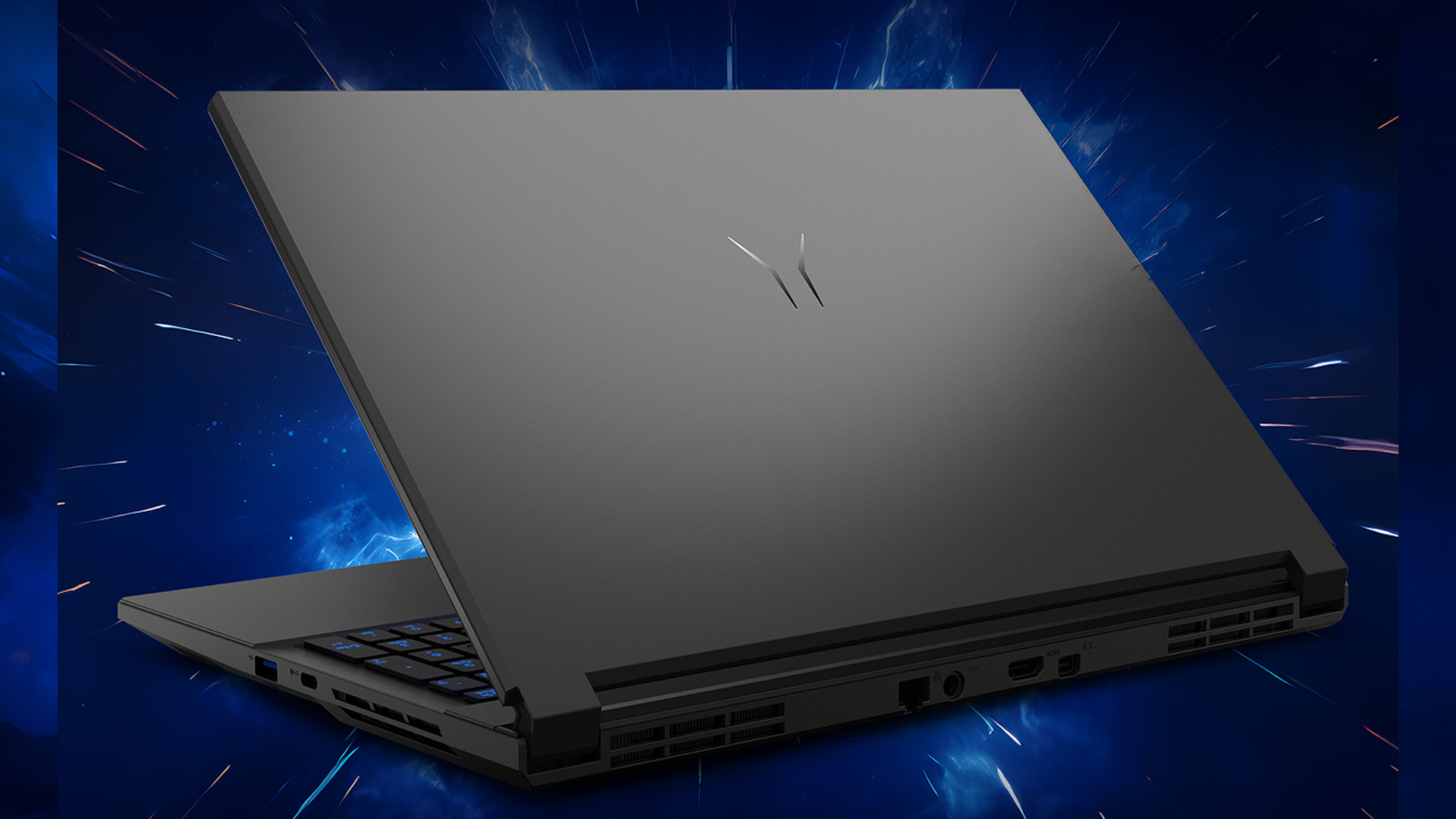 Back lid view of the MEDION ERAZER Deputy 15 P1 gaming laptop in dark grey.