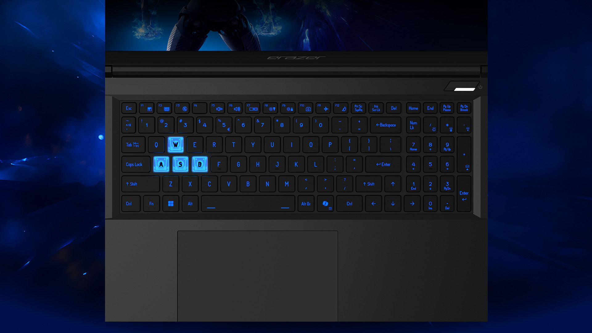 Blue RGB backlit keyboard of the MEDION ERAZER Deputy 15 P1 with WASD keys.