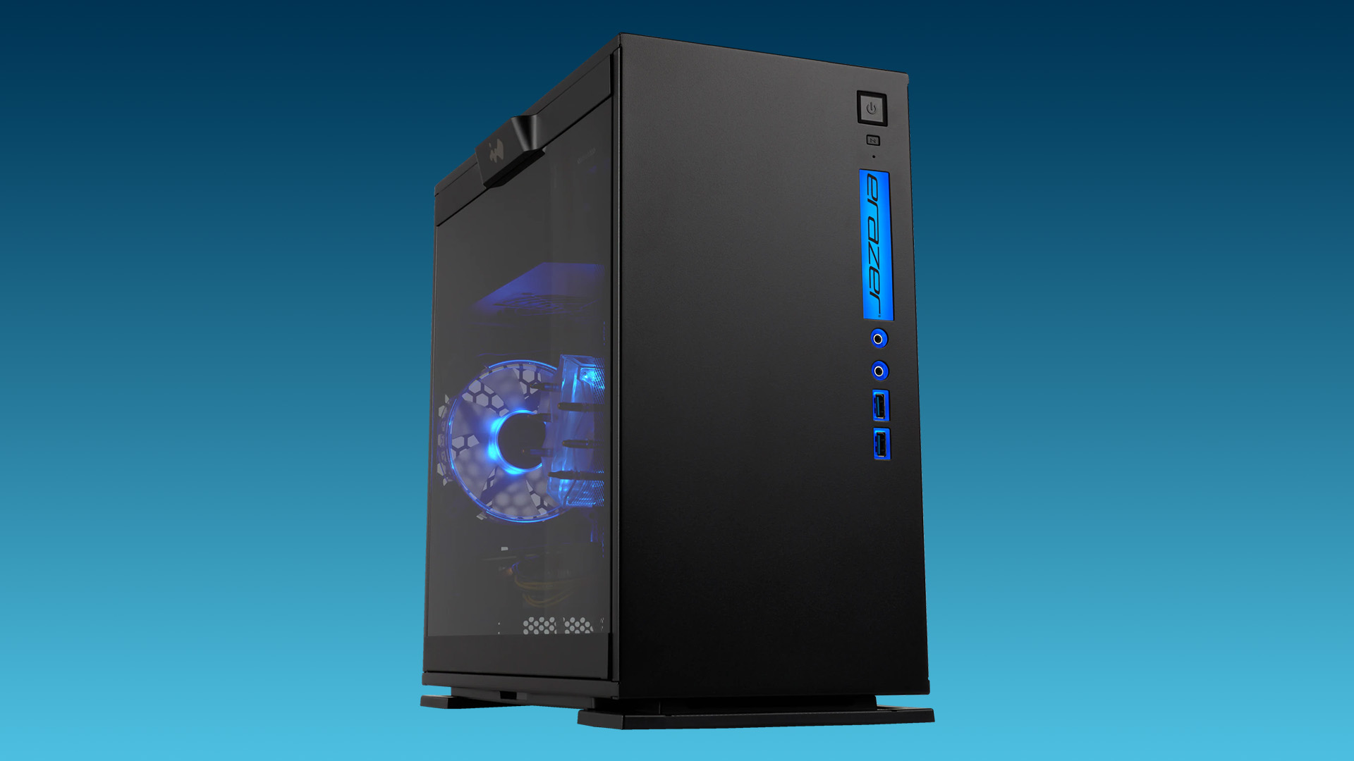 A black Medion ERAZER gaming desktop tower featuring blue LED lighting on the front panel and internal cooling fan.