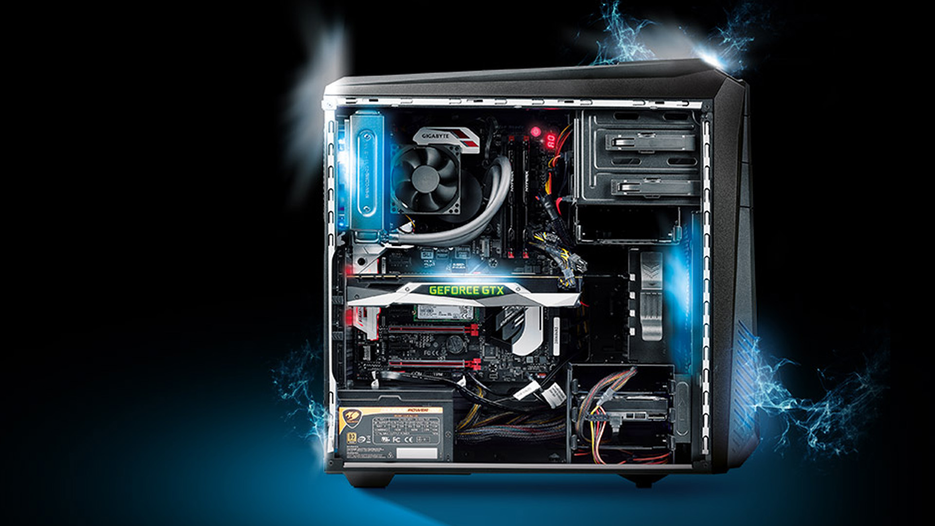 Internal components and liquid cooling setup visible inside a Medion Erazer gaming PC tower.
