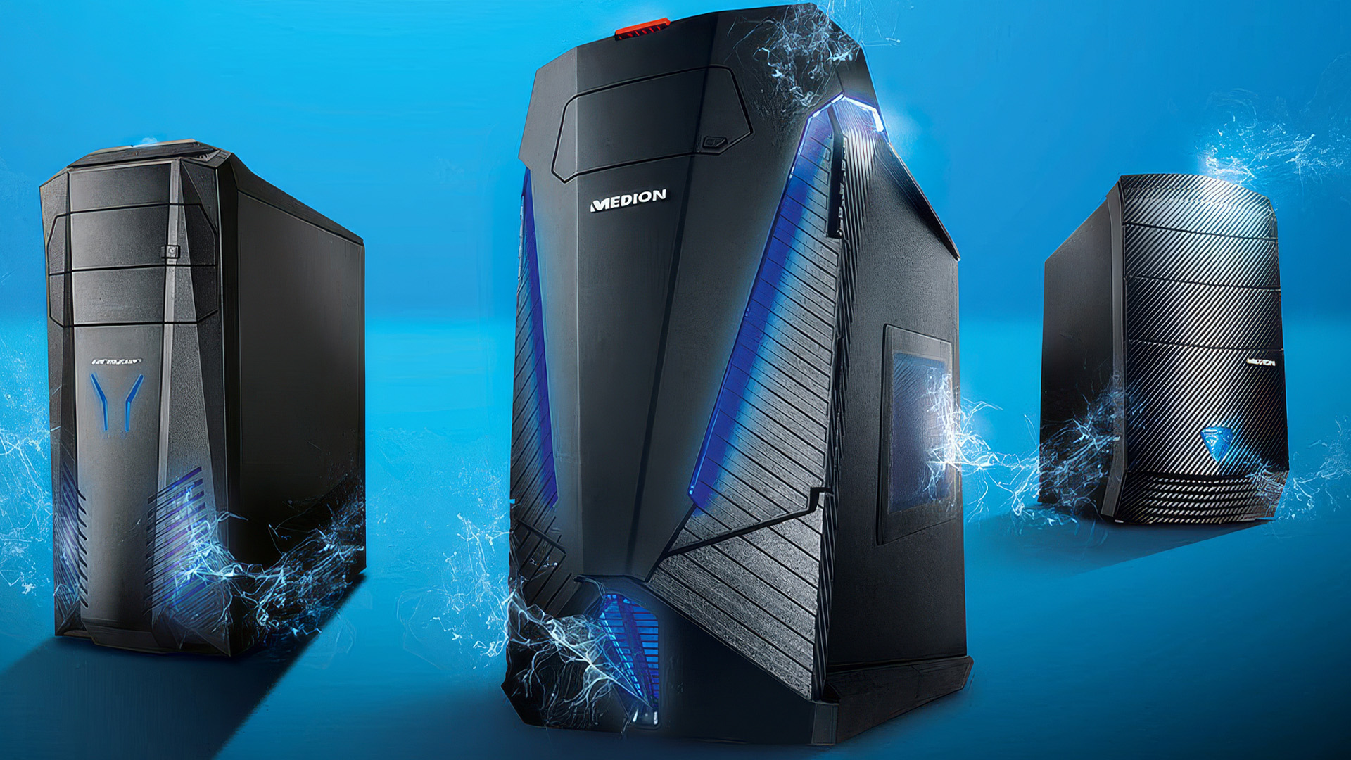 Three Medion Erazer gaming PC towers showcased against a vibrant blue background.