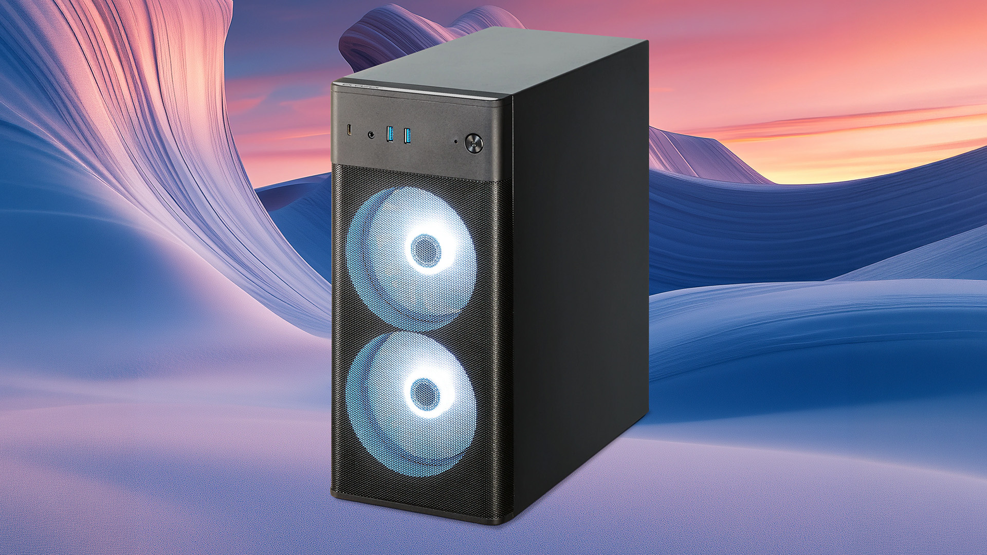 Front view of Medion Erazer Recon P45 gaming desktop PC.