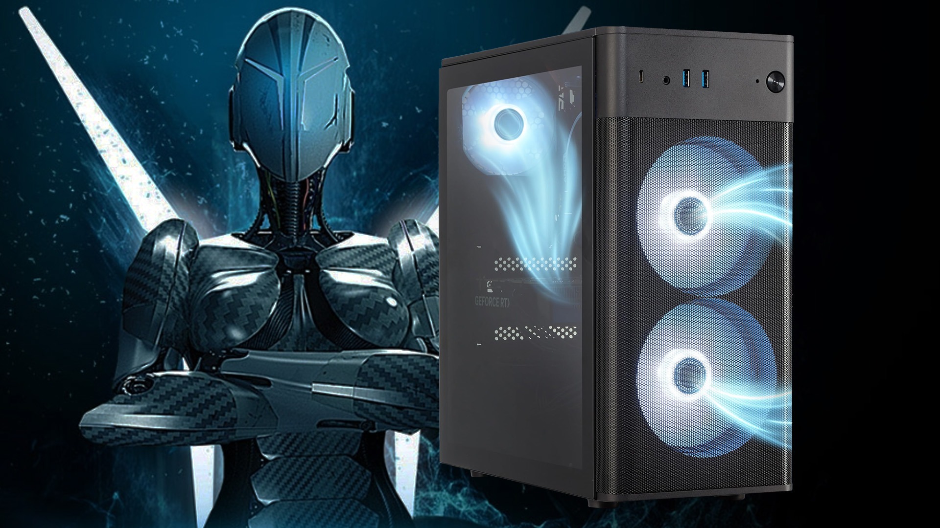 Medion Erazer Recon P45 gaming PC with futuristic robot graphic.