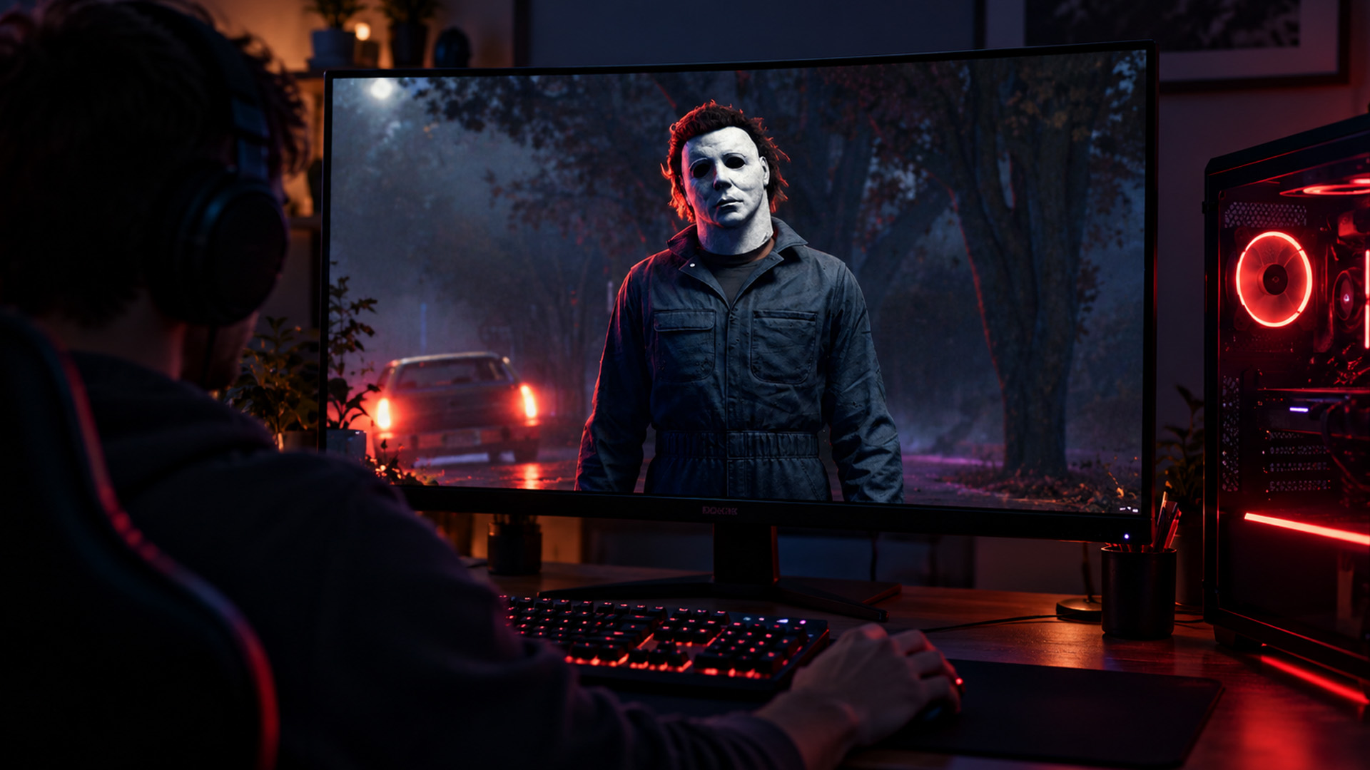 A close-up view of Michael Myers displayed on a gaming monitor during a session of Halloween: The Game.
