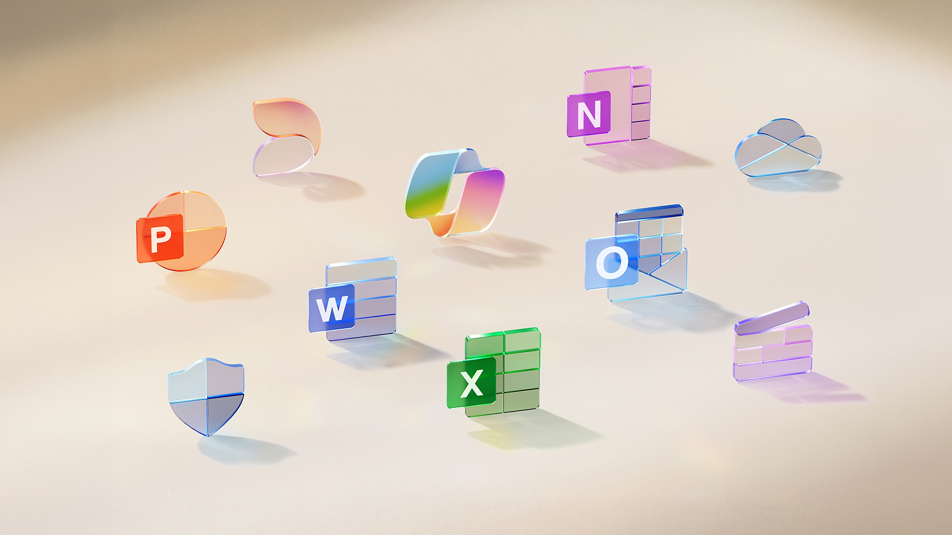 Microsoft 365 app icons in a modern glass design style.