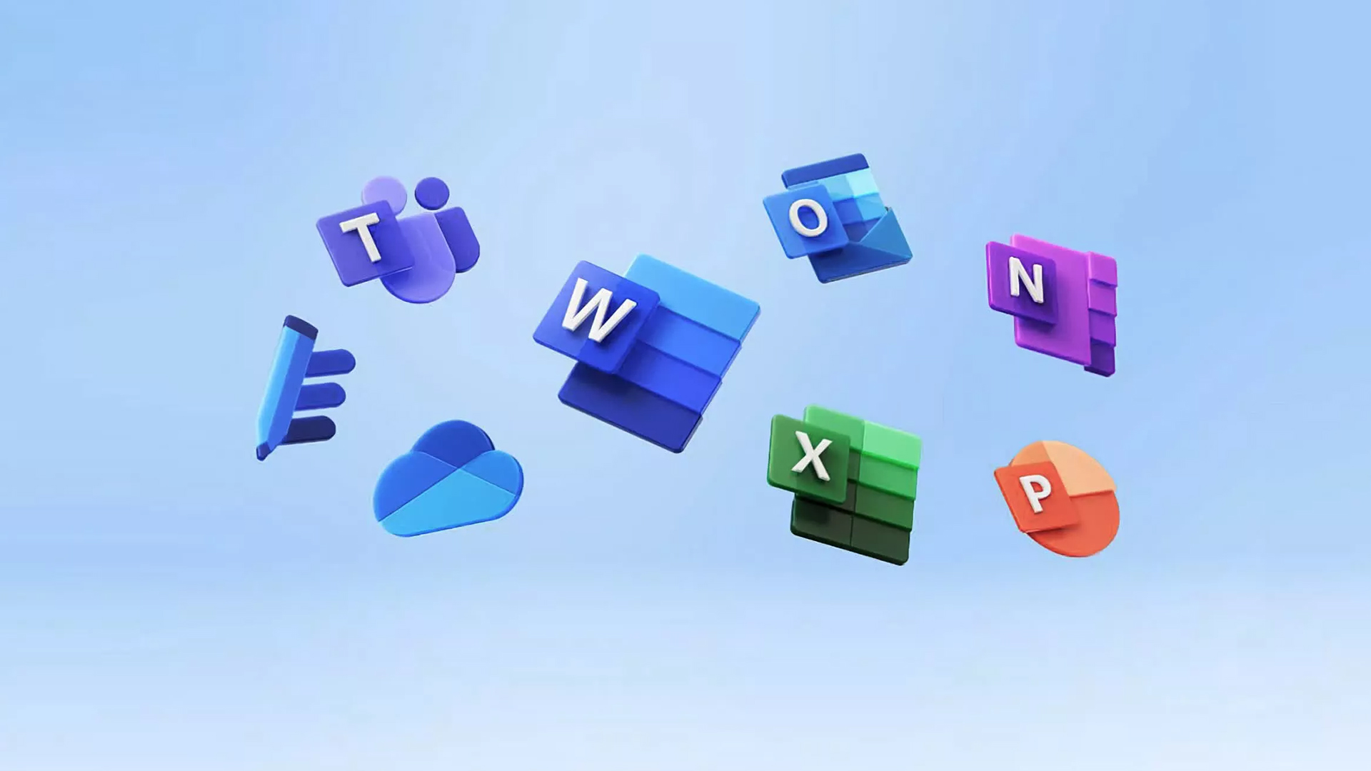Floating 3D icons for Microsoft 365 apps.