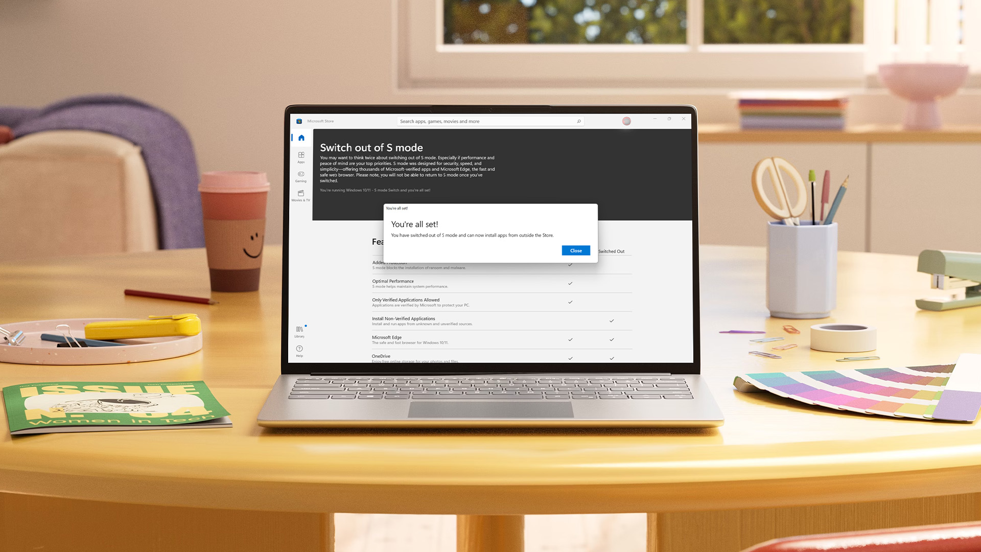 Microsoft Store page showing successful switch out of S mode.
