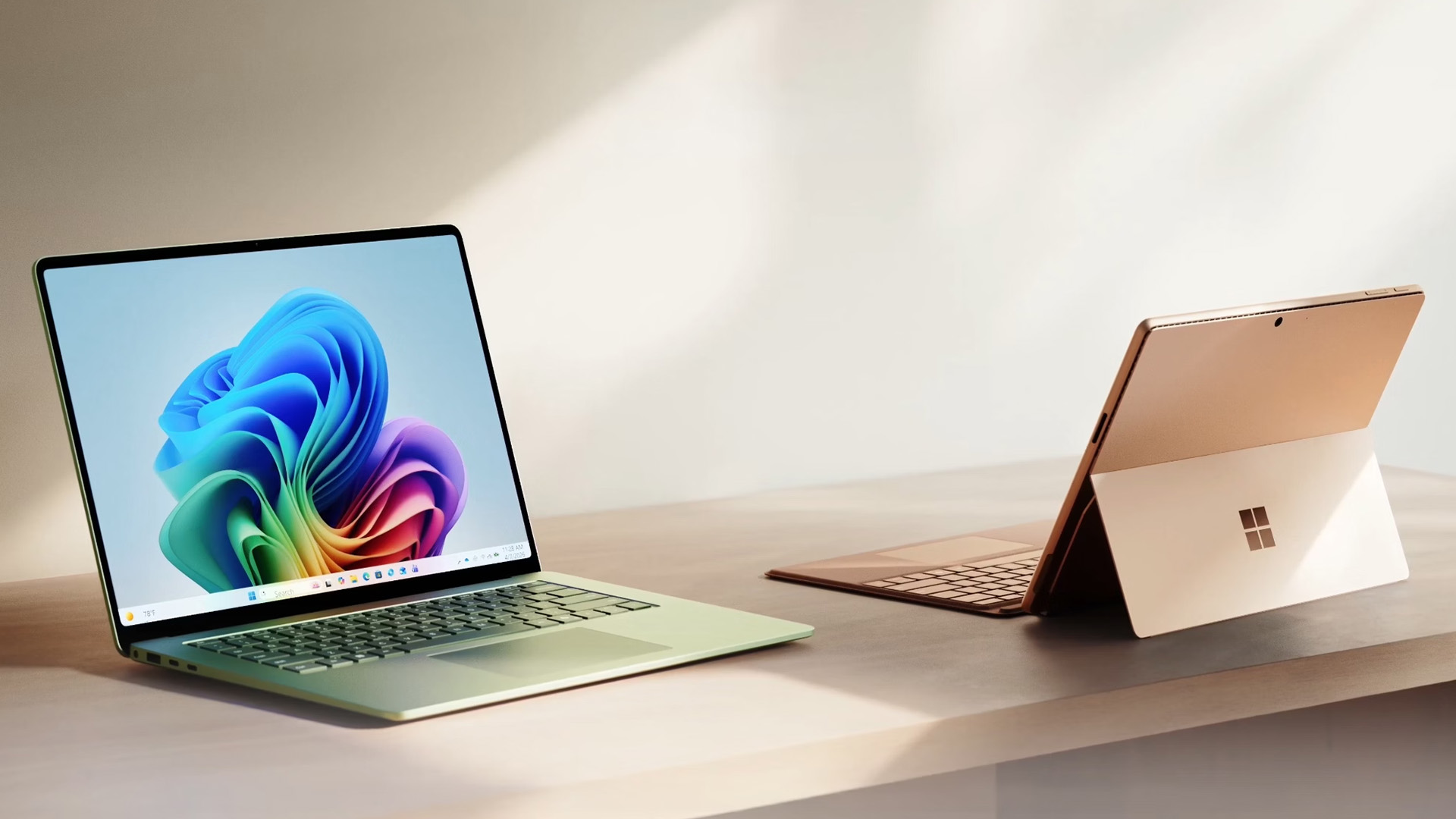 A green Microsoft Surface laptop and a gold Surface Pro device resting on a wooden desk.