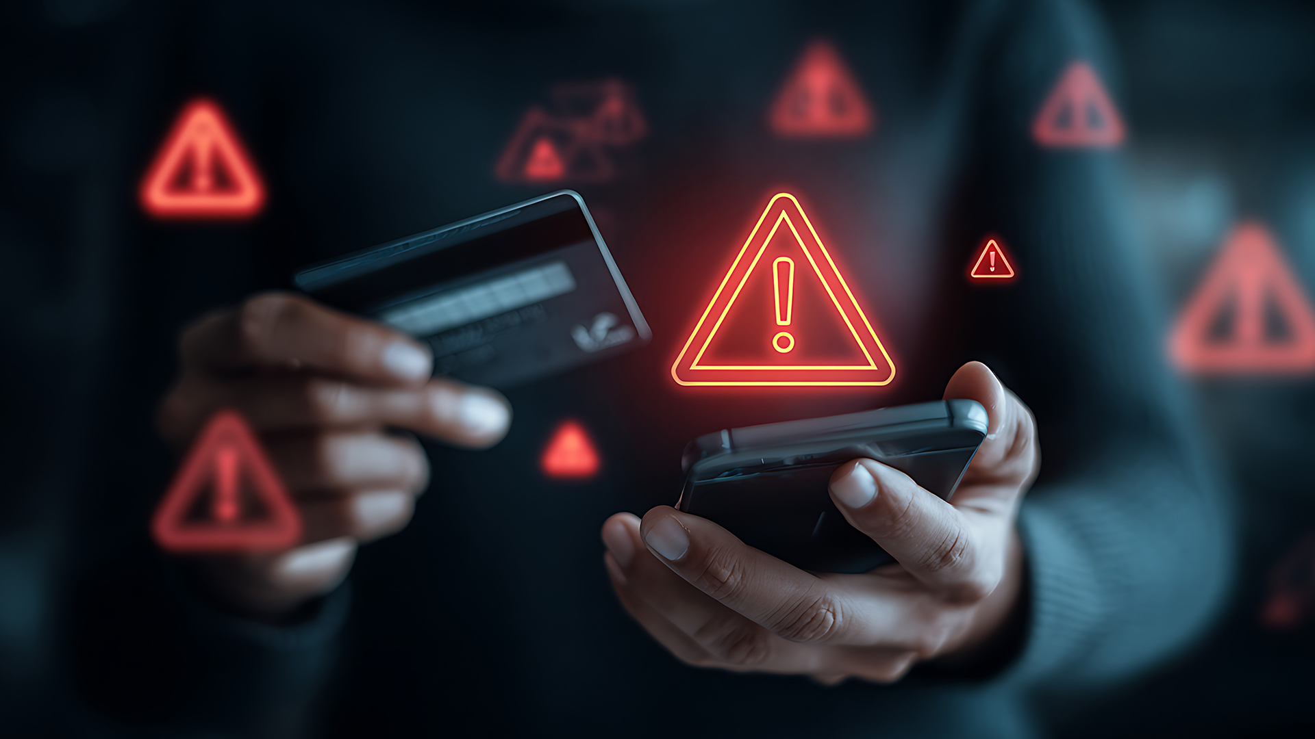 A person holding a credit card and smartphone surrounded by cyber threat warning signs.