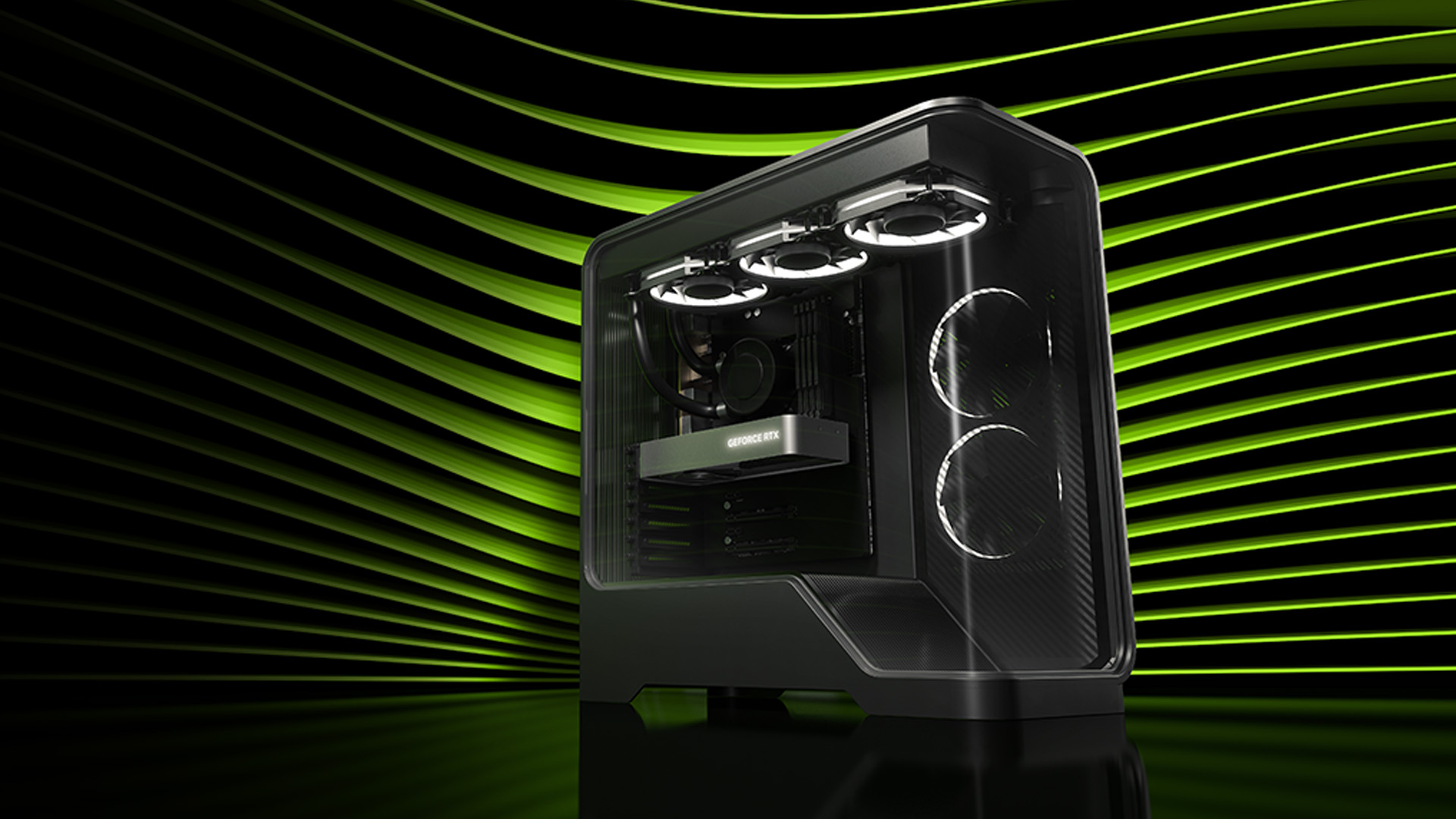 A modern gaming desktop PC case equipped with illuminated internal cooling fans.