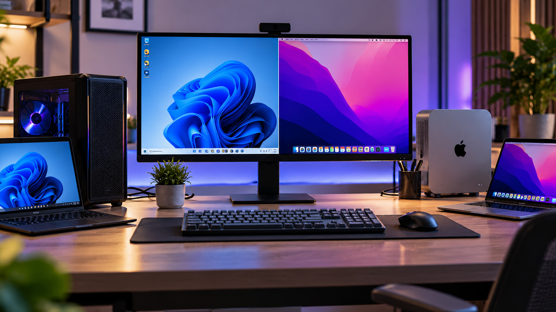 A desktop monitor showing a Windows operating system split side-by-side with macOS.