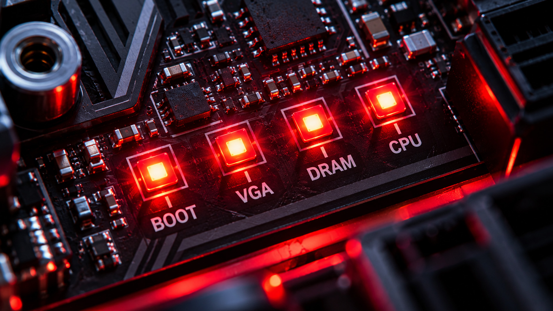 Motherboard debug LED indicator lights showing component startup checks.