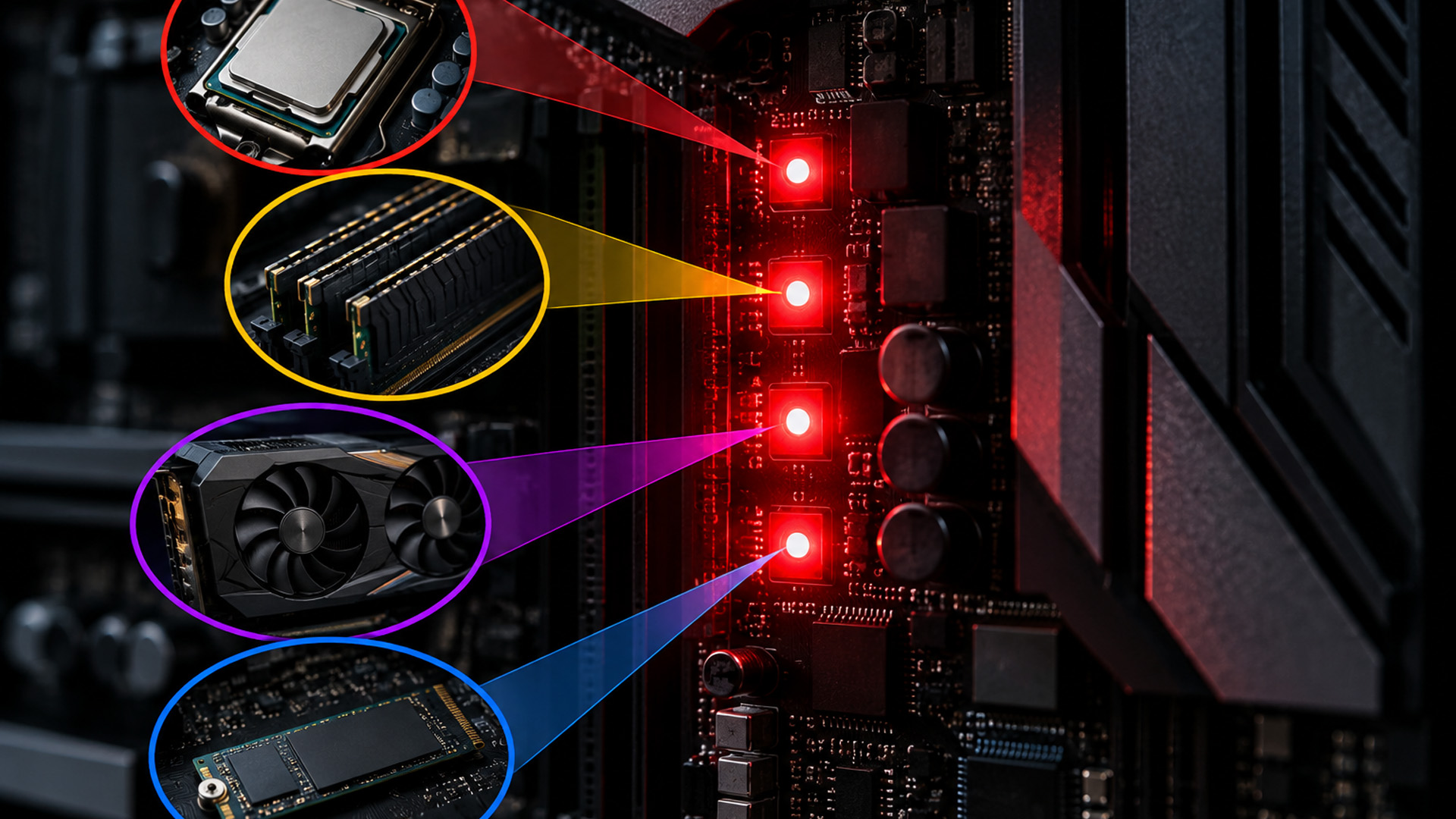 Motherboard debug lights connected with lines to computer system components.