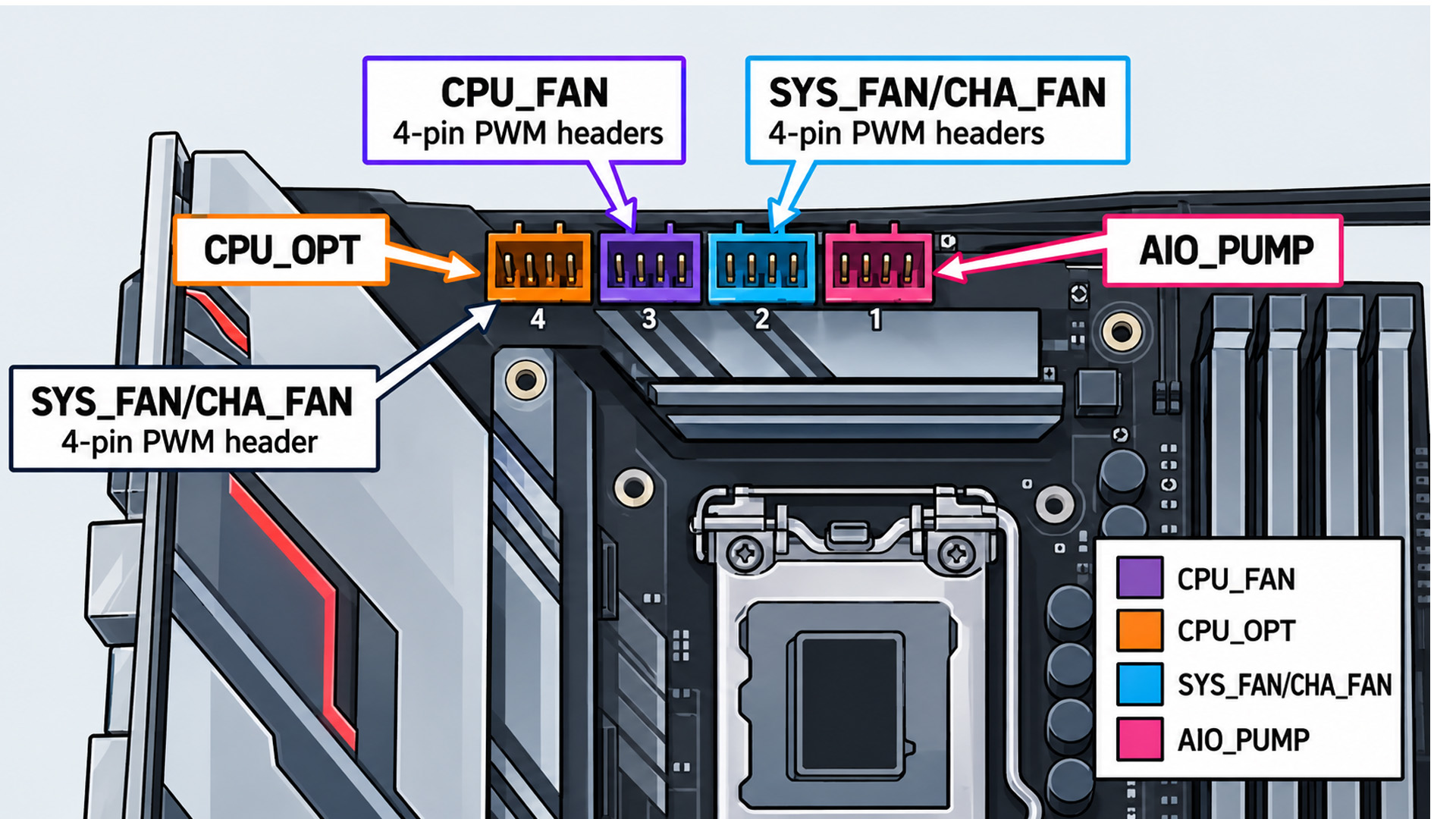 Detailed motherboard diagram highlighting CPU_FAN, CPU_OPT, SYS_FAN, and AIO_PUMP headers.