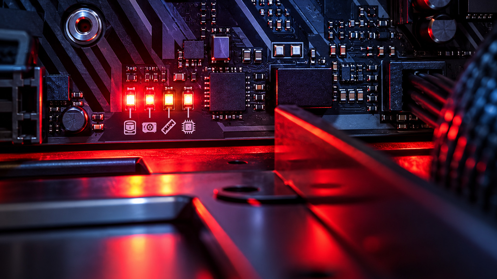 Diagnostic startup lights illuminated on a computer motherboard circuit board.