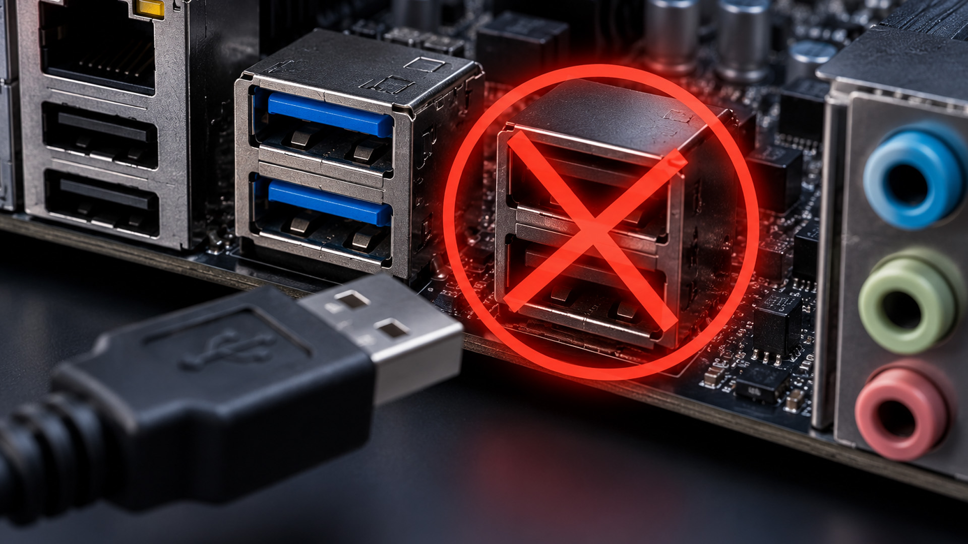 A close-up view of a motherboard rear panel with a faulty USB port marked with a red cross symbol.