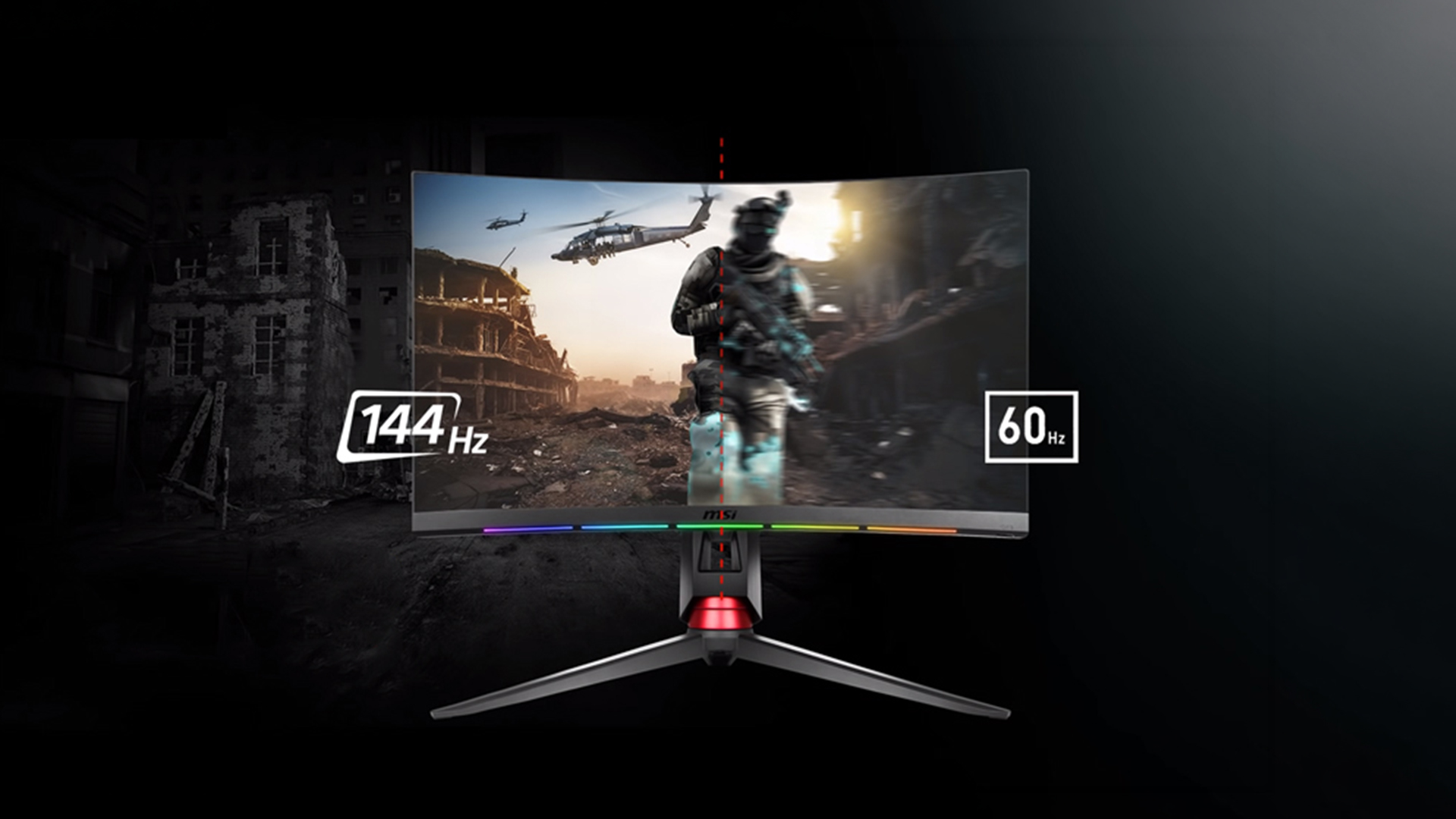MSI curved gaming monitor split-screen showing 144Hz vs 60Hz visual comparison.
