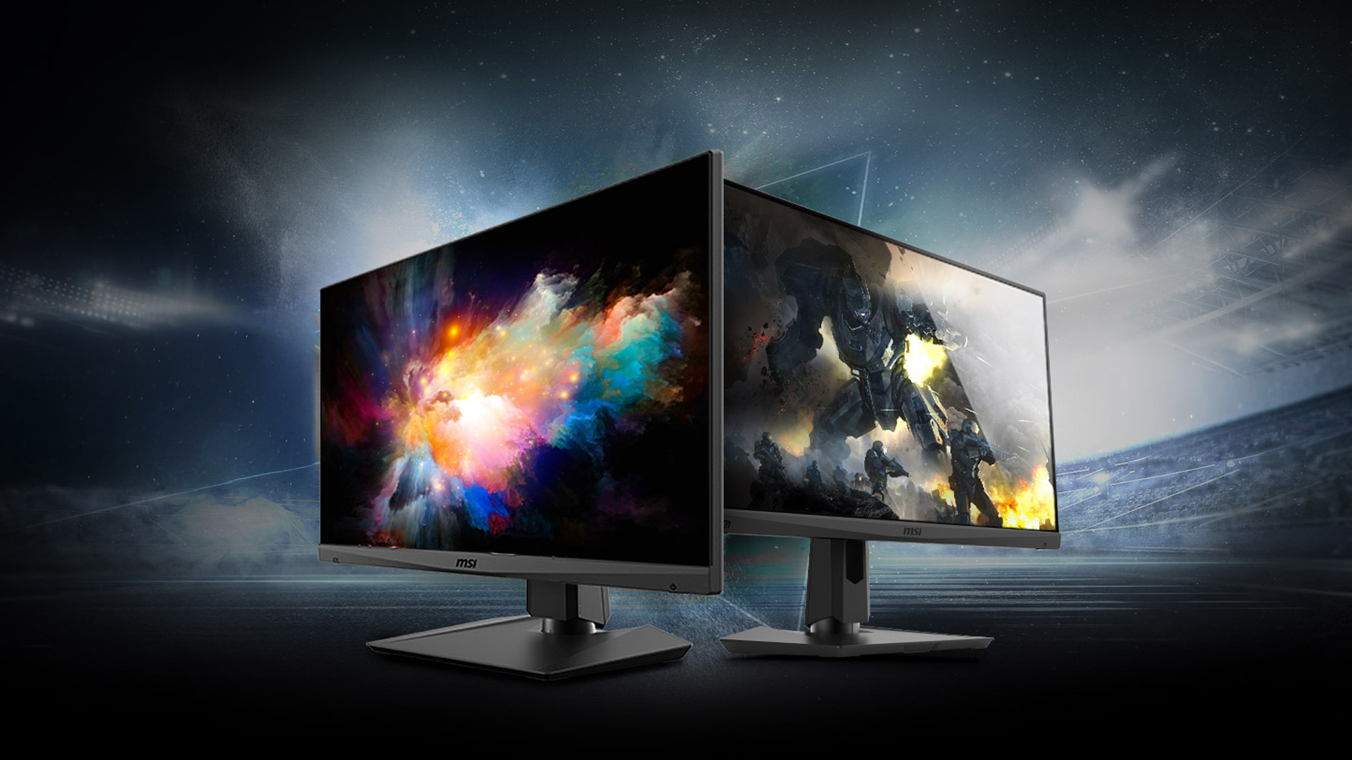 Two MSI gaming monitors side-by-side displaying colorful graphics.