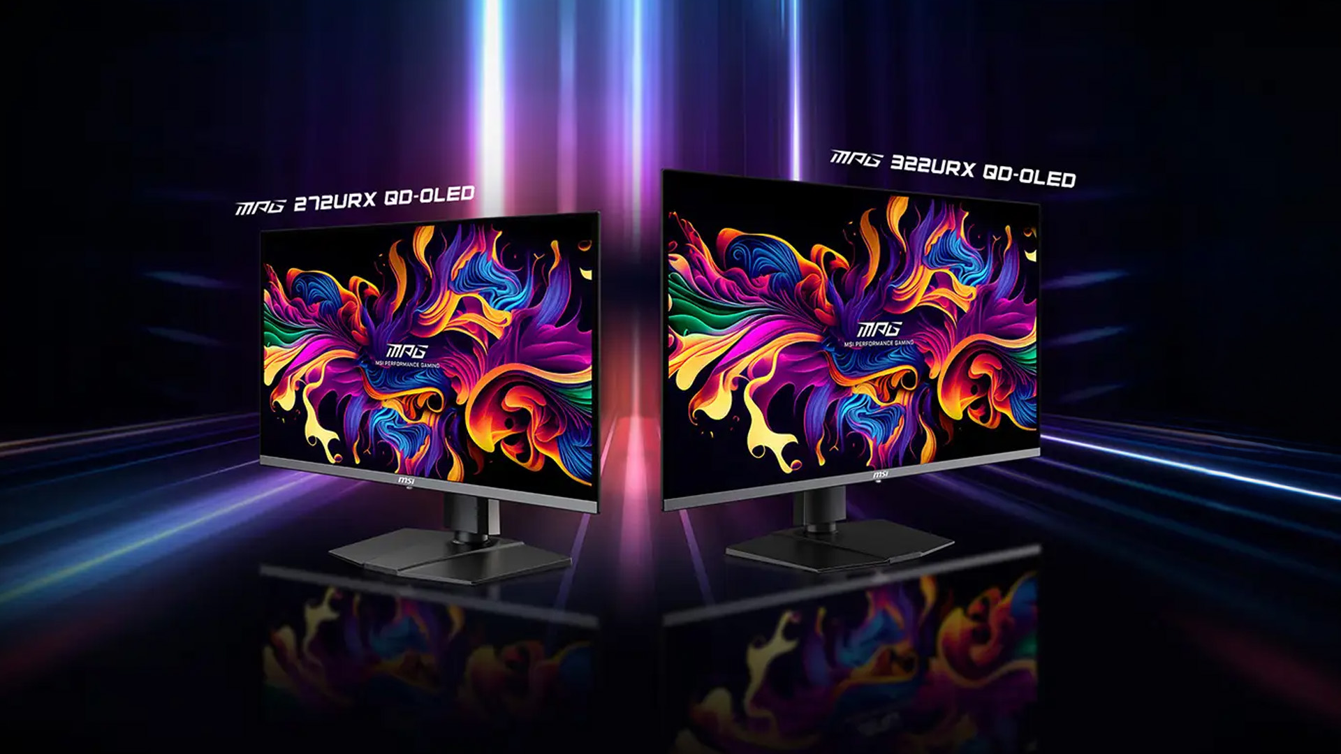 Lineup of three curved MSI MAG QD-OLED gaming monitors with colorful screens.