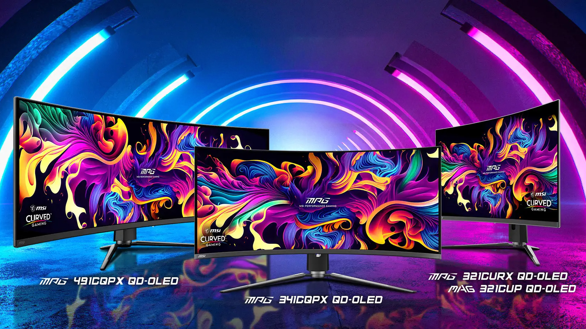 Lineup of three curved MSI MAG QD-OLED gaming monitors with colorful screens.