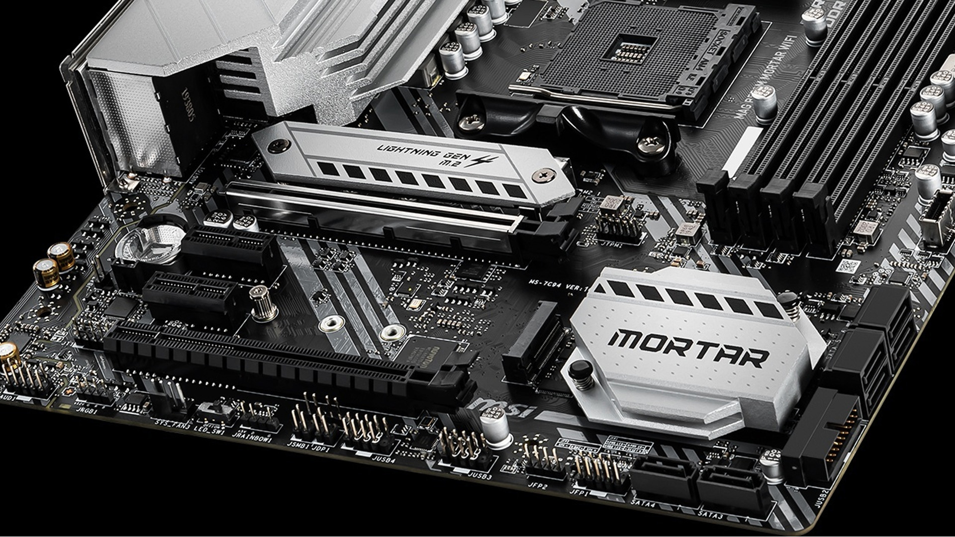Close up view of MSI desktop motherboard PCIe slots.