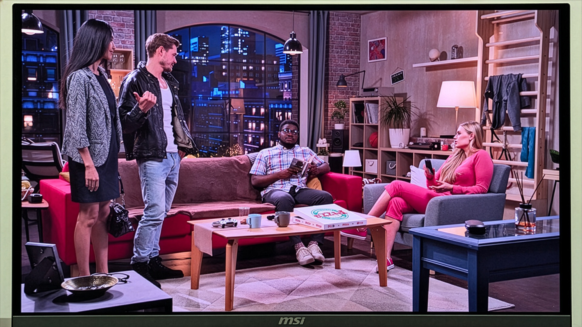 Cinematic movie scene displayed on an MSI monitor in Movie display mode.