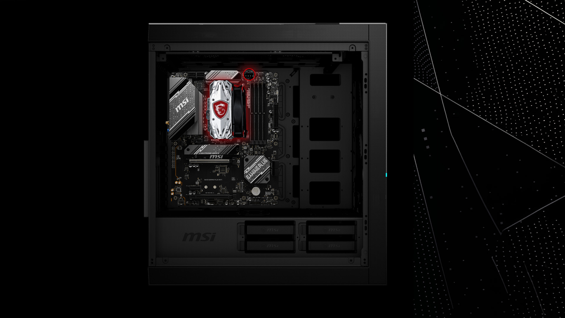 Computer motherboard with cpu cooler installed inside a pc case.