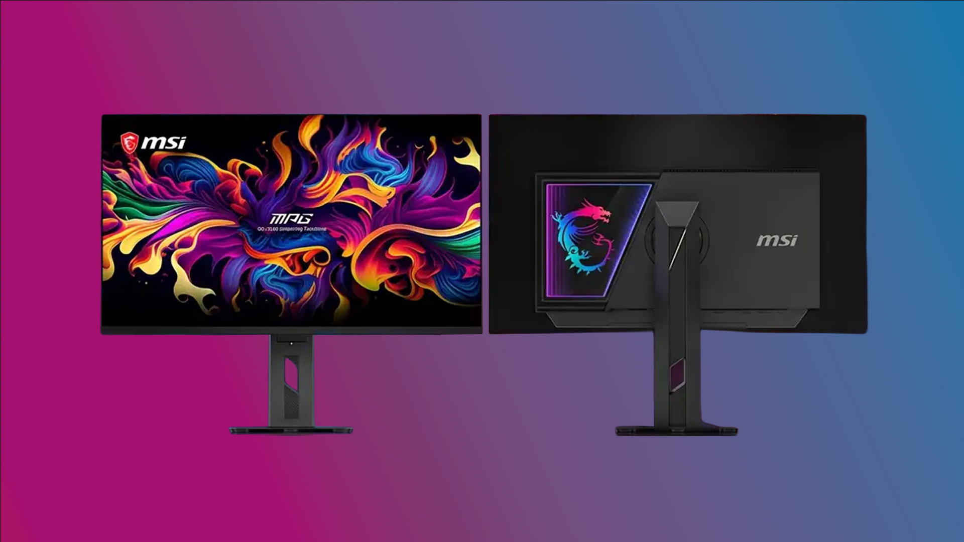 Front and back view of the MSI MPG OLED 322URDX36 gaming monitor.