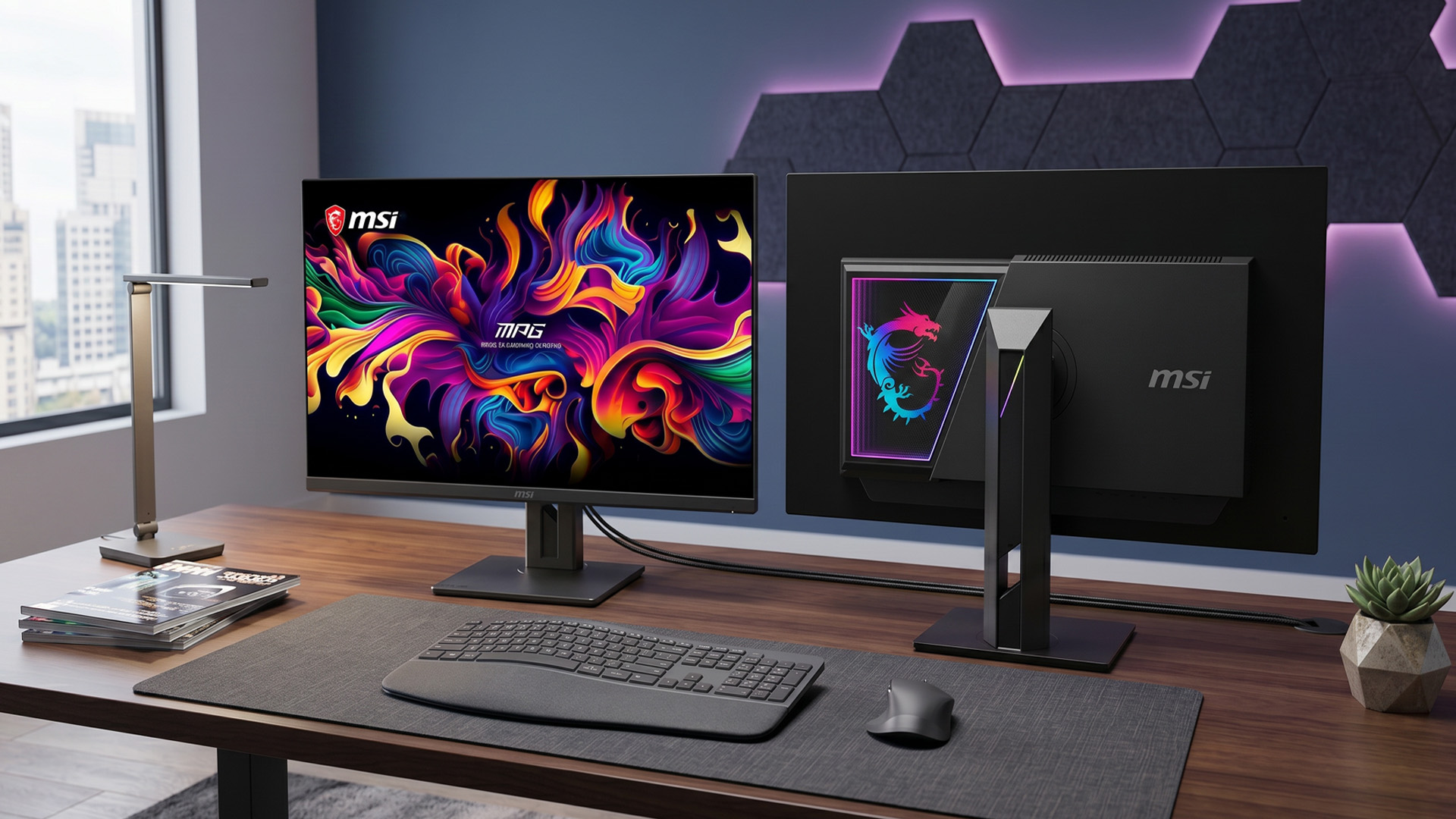 MSI MPG OLED monitor on a desk with keyboard and mouse.