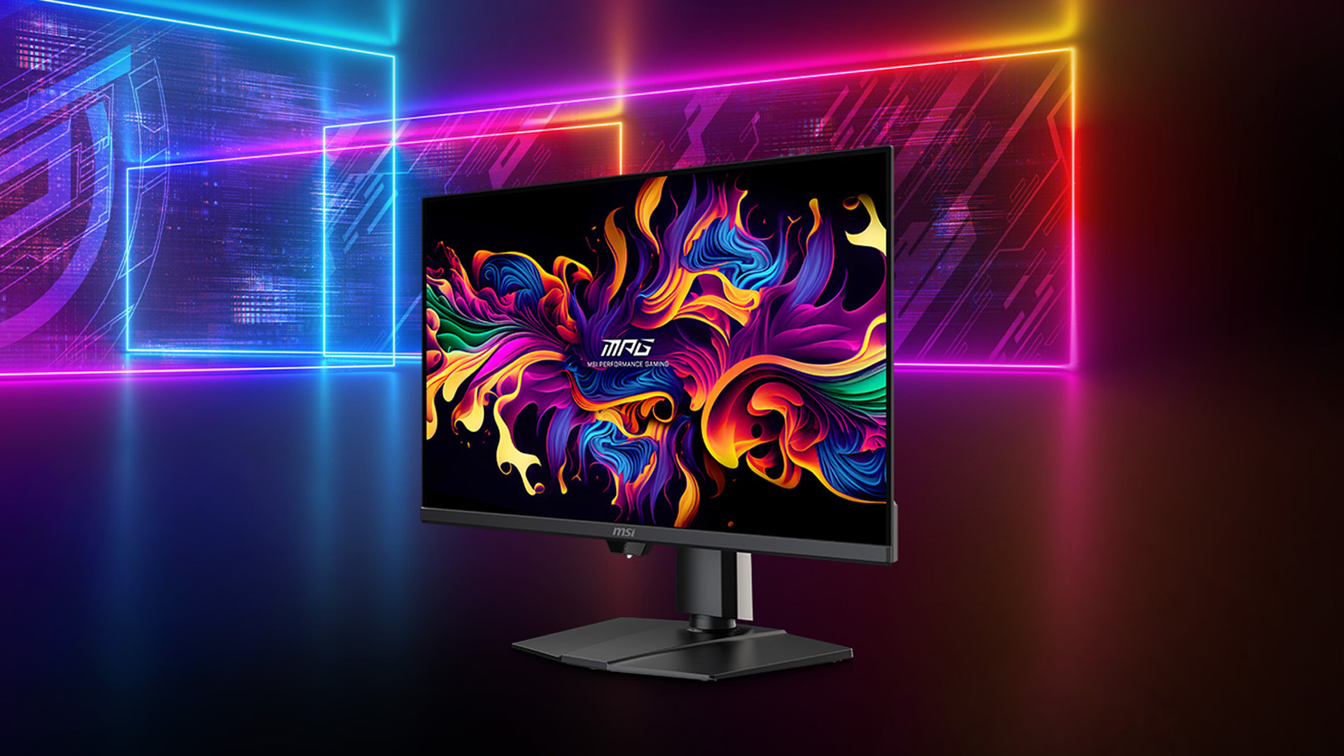 MSI MAG 272URX and MAG 322URX QD-OLED gaming monitors side by side.
