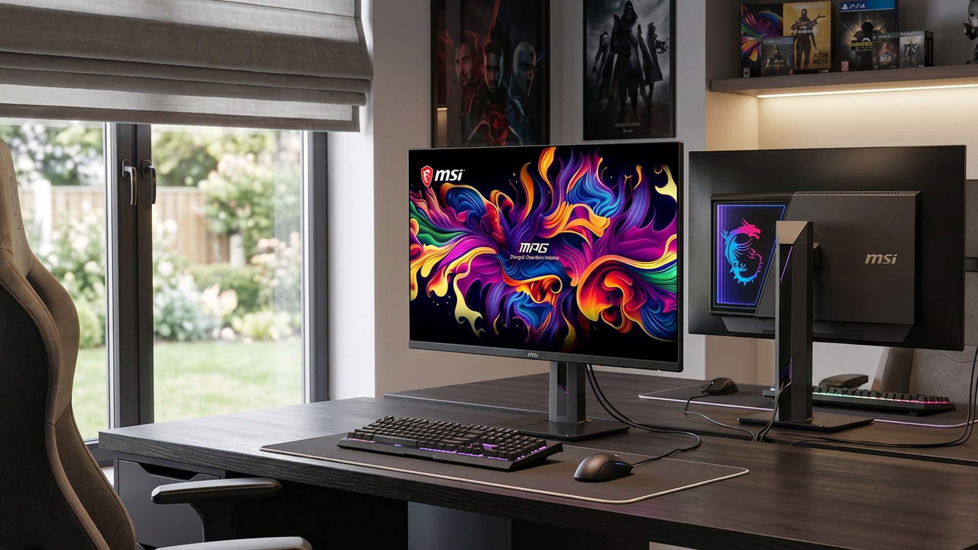 MSI Triple Mode gaming monitor setup on a modern wooden desk.