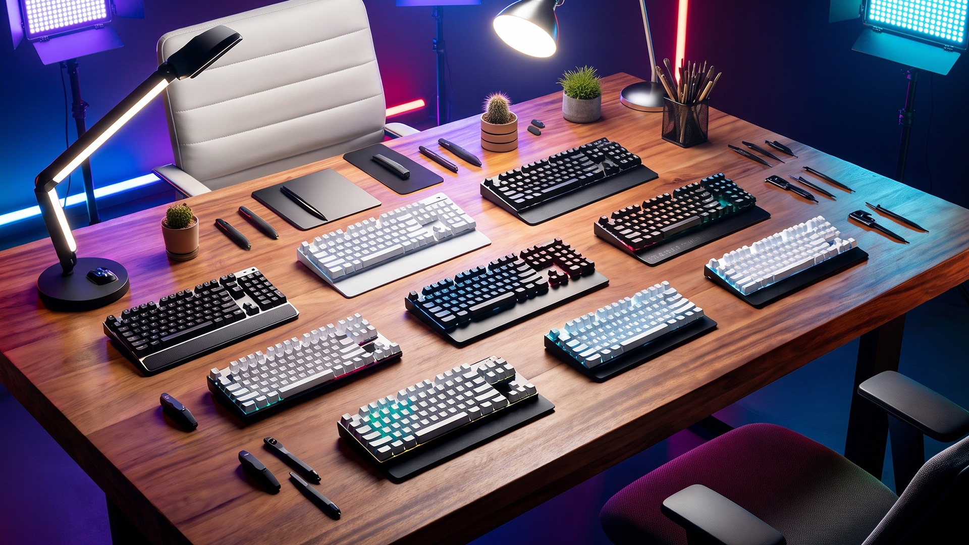 Several RGB gaming keyboards arranged on a wooden desk setup.