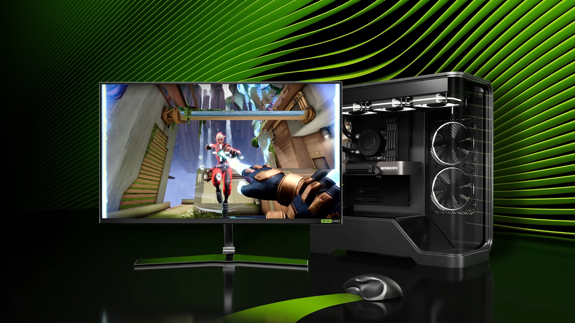 Desktop gaming PC next to a monitor displaying a high-refresh FPS game.