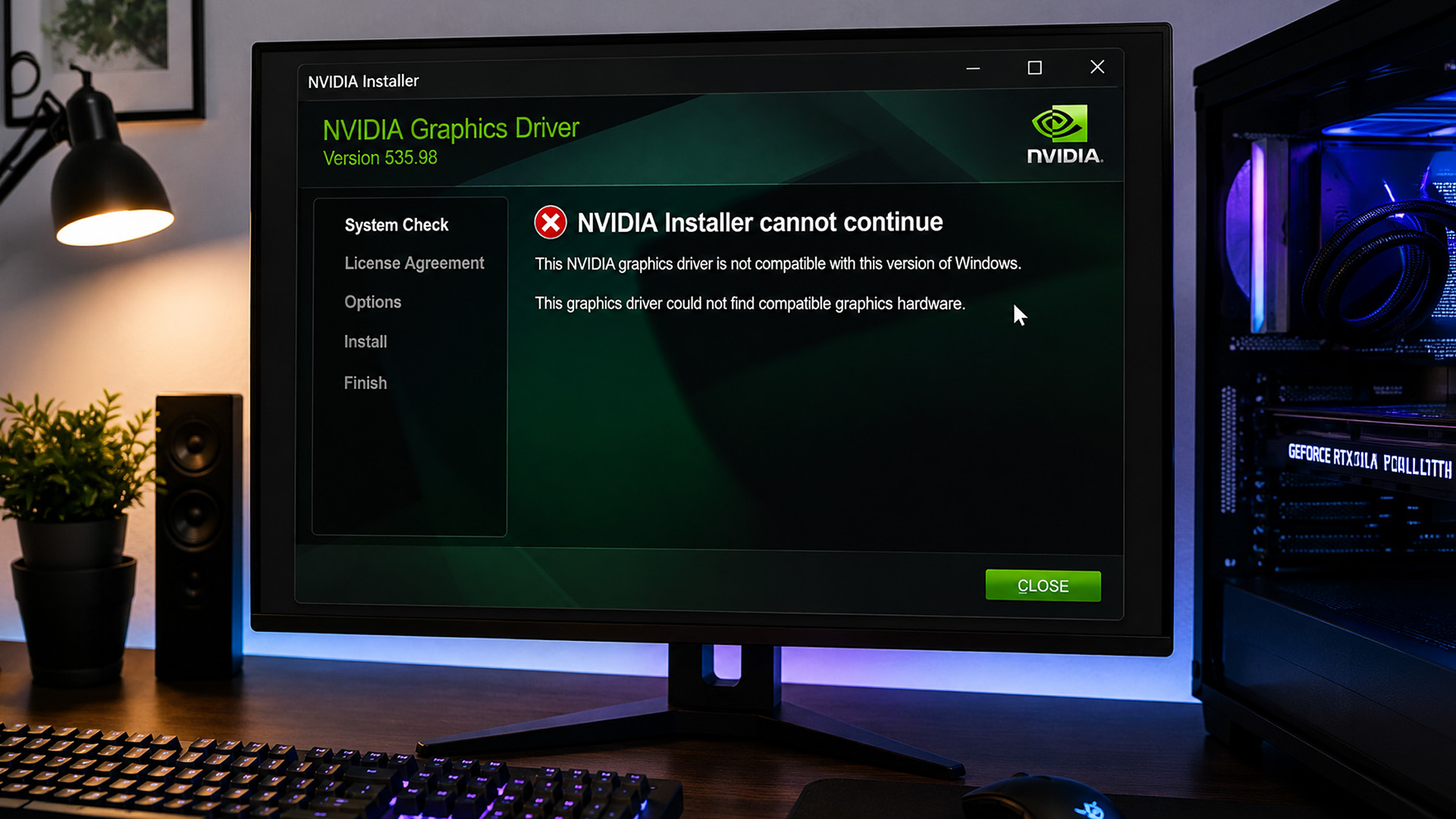 An NVIDIA installer error message displayed on a monitor screen with a desktop PC nearby.