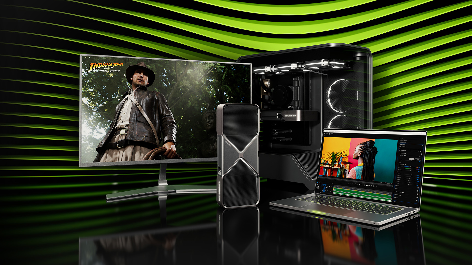 Complete NVIDIA setup with a desktop PC, laptop, GPU, and monitor displaying a AAA game.