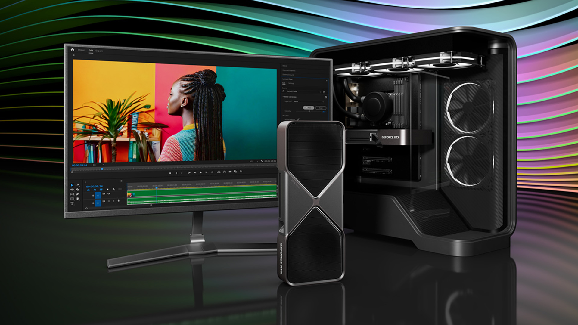 Desktop PC setup with an NVIDIA RTX GPU and monitor showing video editing software.