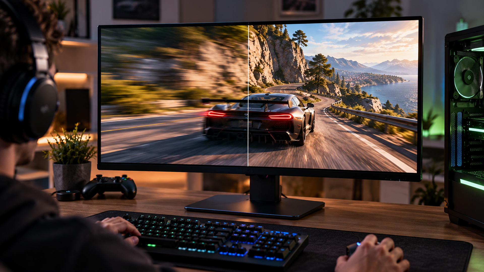 A gamer playing a racing game on a split monitor.