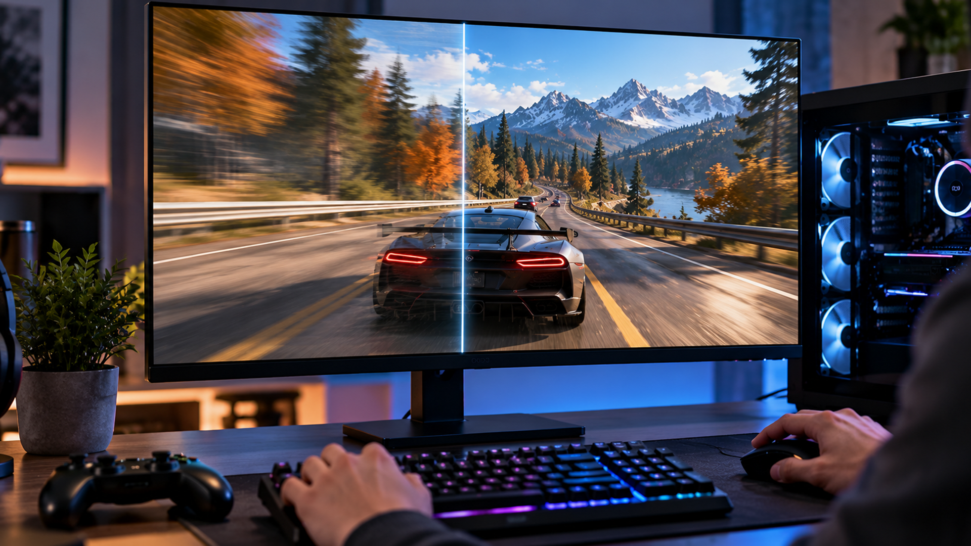 A gaming setup displaying a split screen comparison.