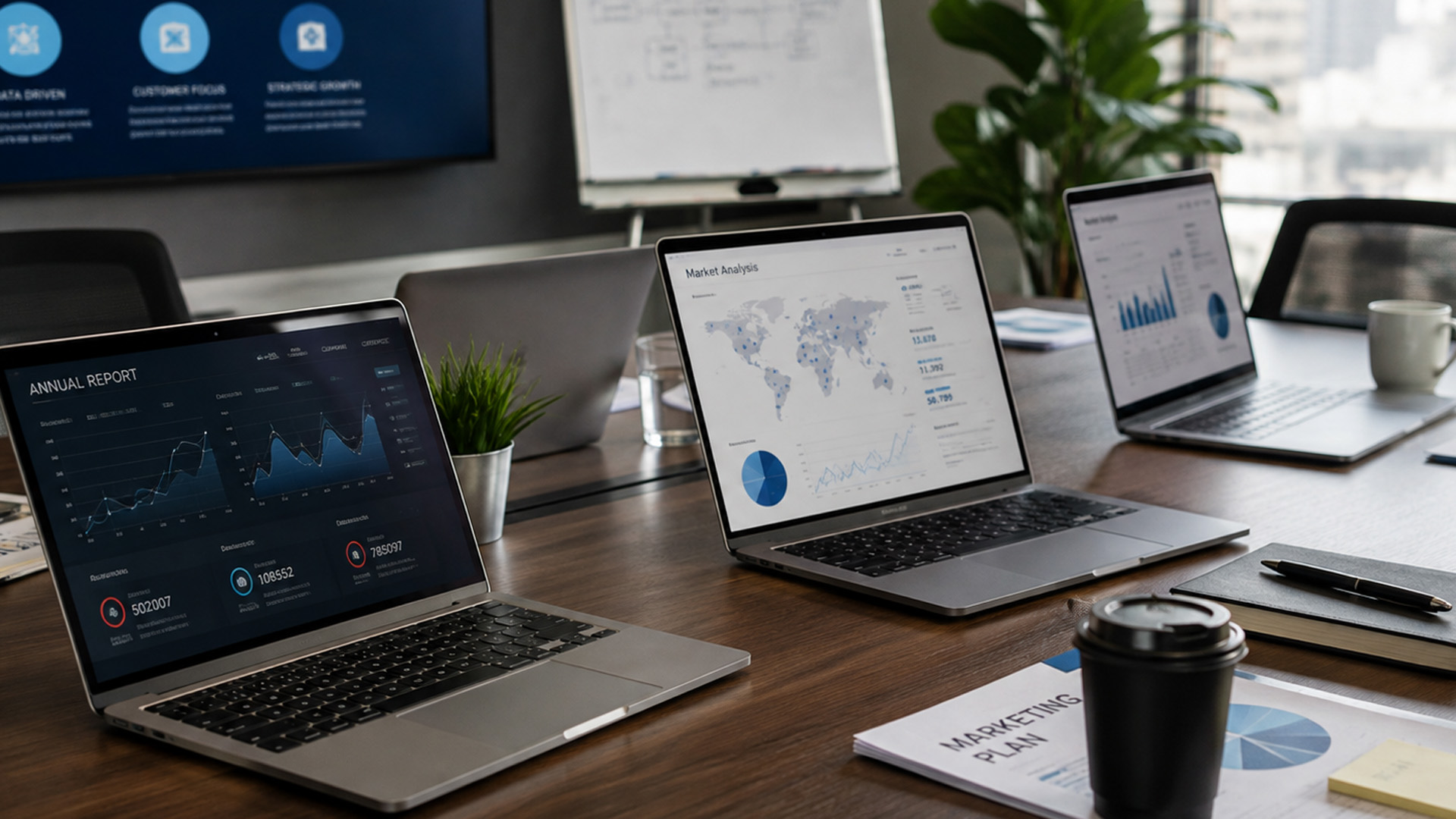 Laptops displaying market analysis maps and reports on a conference table.