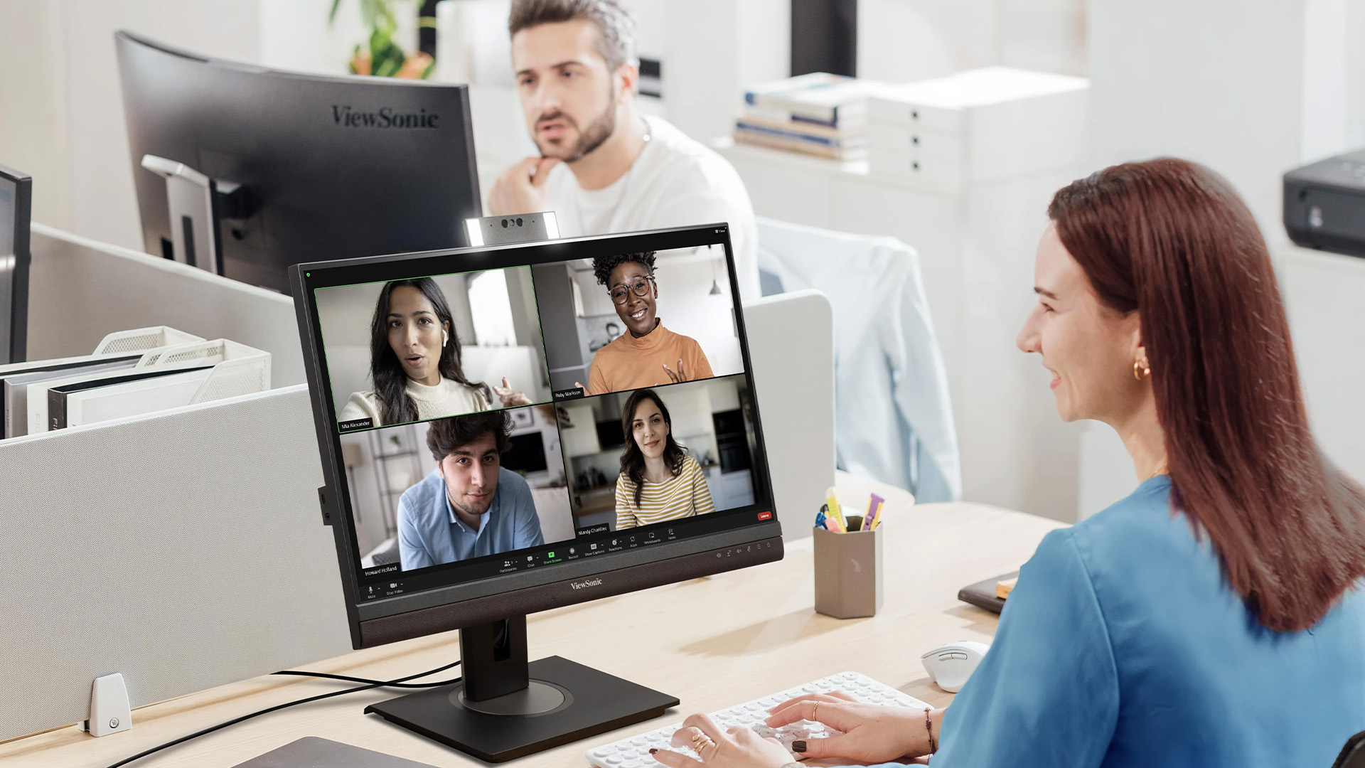 Office workers on a video call.