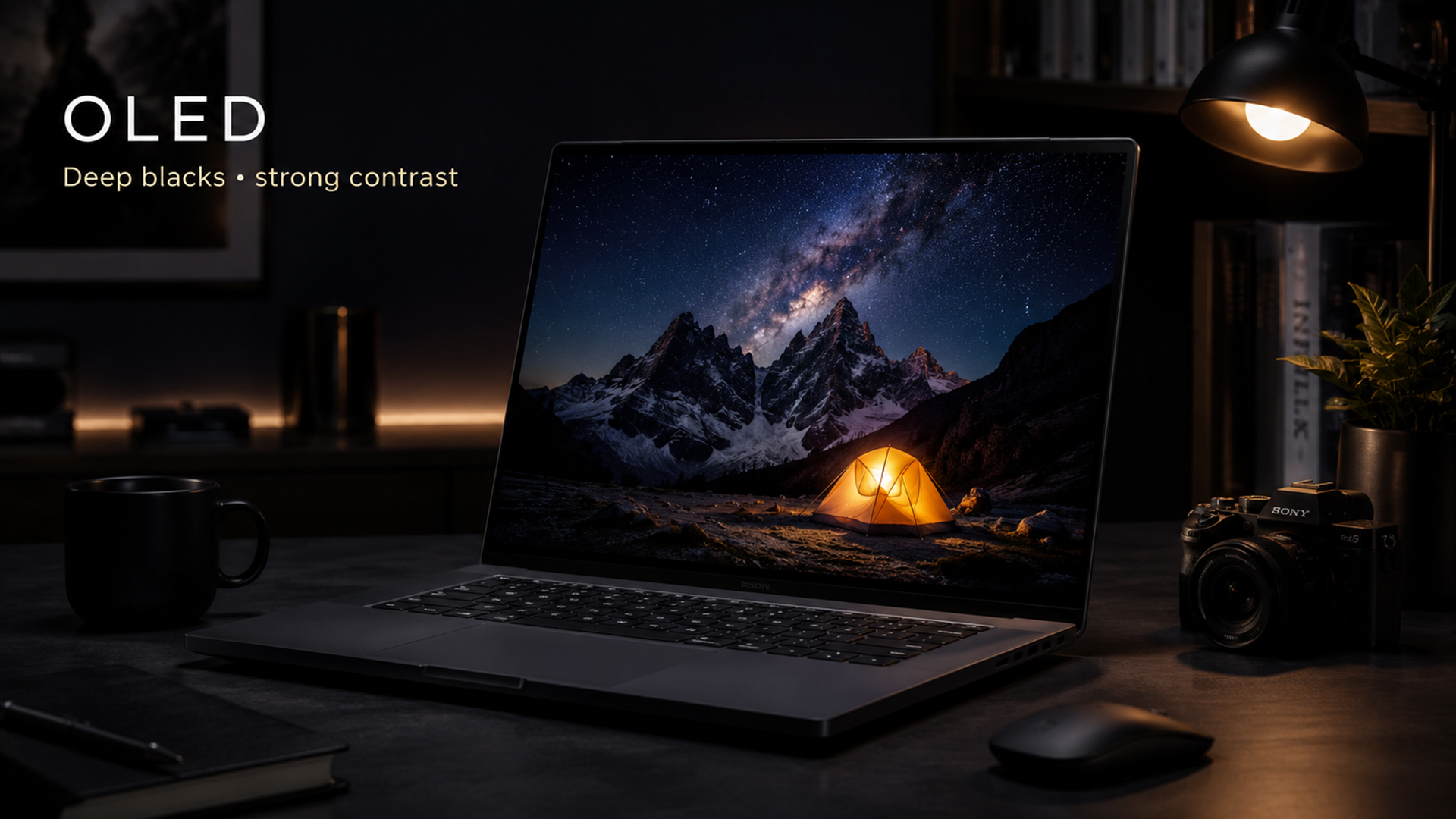 OLED laptop screen showing deep blacks and high contrast with a night sky wallpaper.