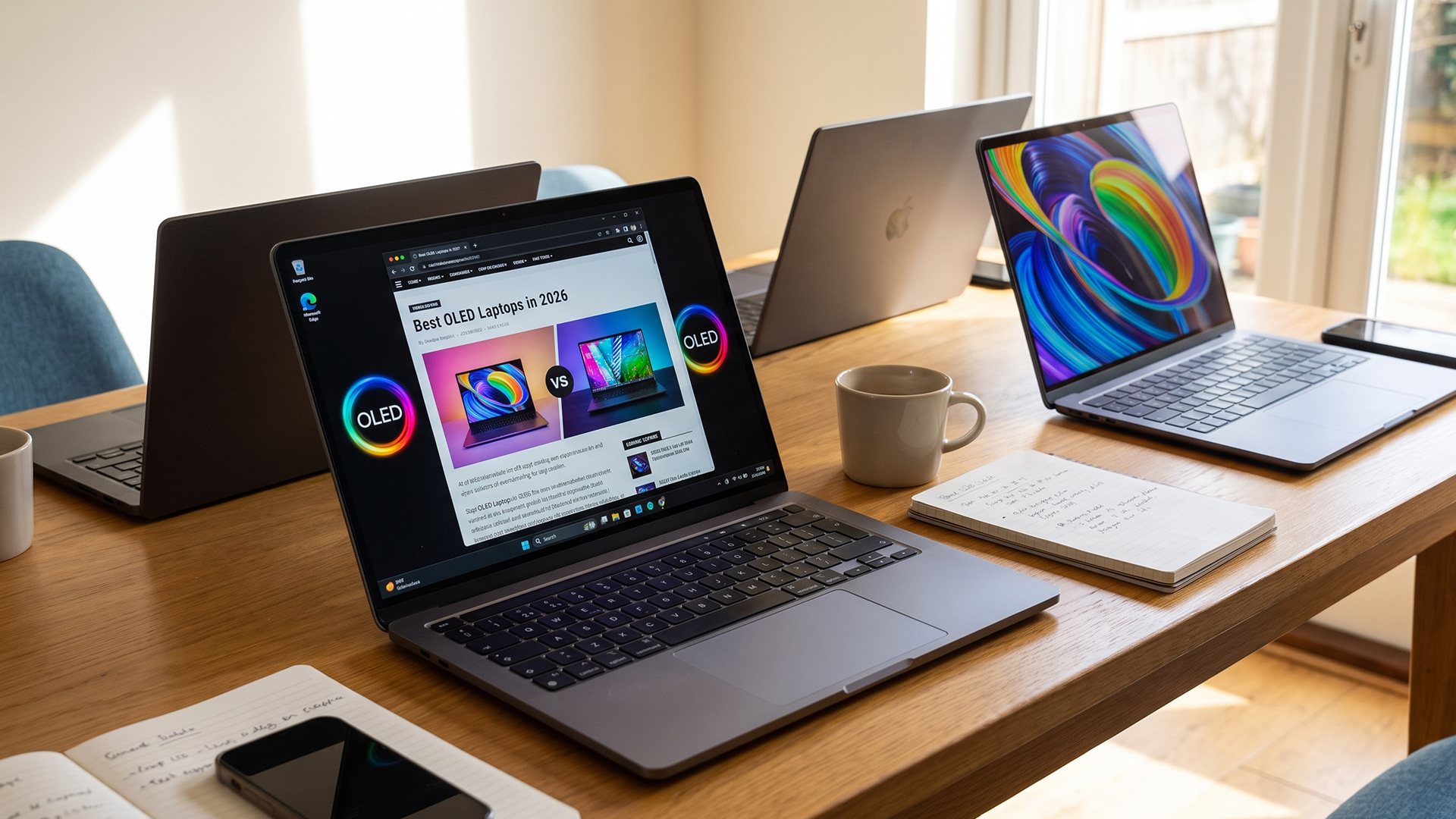 Open laptop displaying an OLED guide article next to other laptops on a desk.